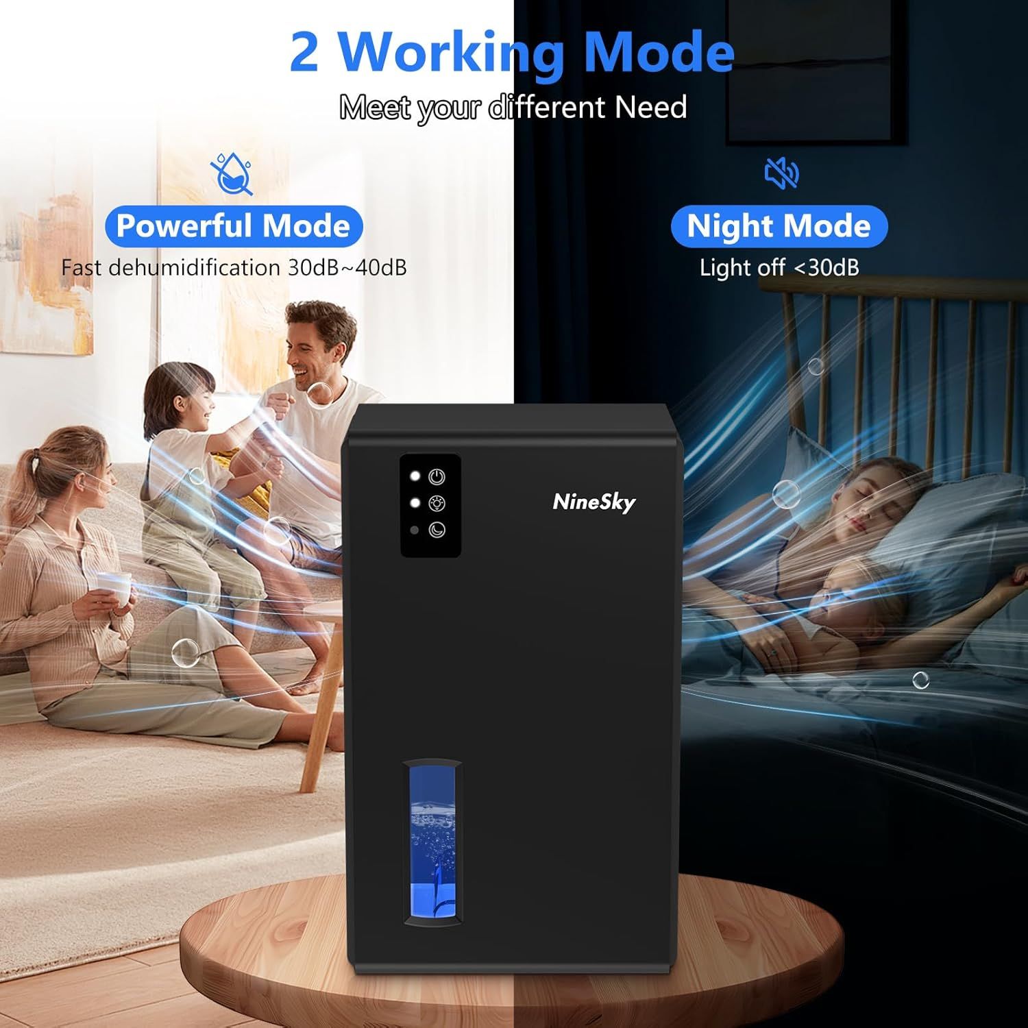 Demonstrates the dehumidifier's two operating modes to show versatility: a powerful mode for fast dehumidification during the day and a quiet night mode for undisturbed sleep.