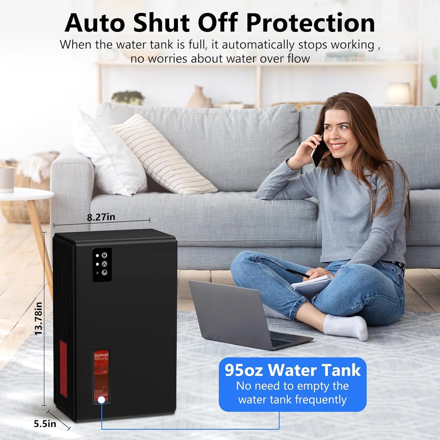 Highlights the large 95oz water tank capacity to reassure shoppers they won't need to refill frequently, emphasizing convenience and low maintenance. Shows the exact physical dimensions of the…