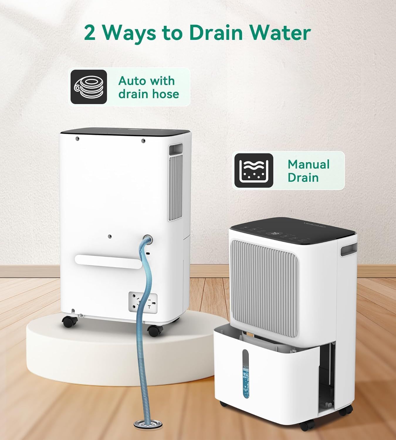 Explains the two methods available for draining water from the dehumidifier—automatic with drain hose or manual drain—to help shoppers understand setup flexibility and convenience. Highlights the…