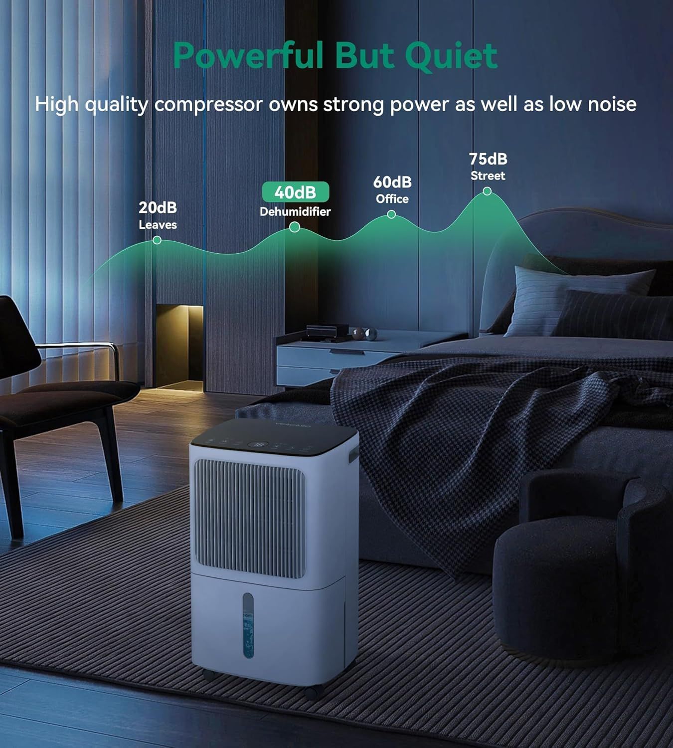 Communicates the dehumidifier's low noise output across different operating modes (20dB-75dB) to reassure shoppers that the product is powerful yet quiet enough for bedroom and office use.…