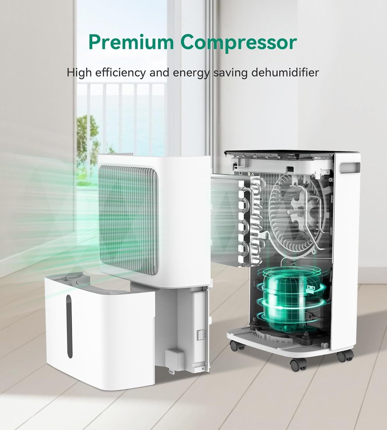 This image reveals the internal structure and key components of the dehumidifier, highlighting the premium compressor technology and energy-efficient design to reassure shoppers of the product's…