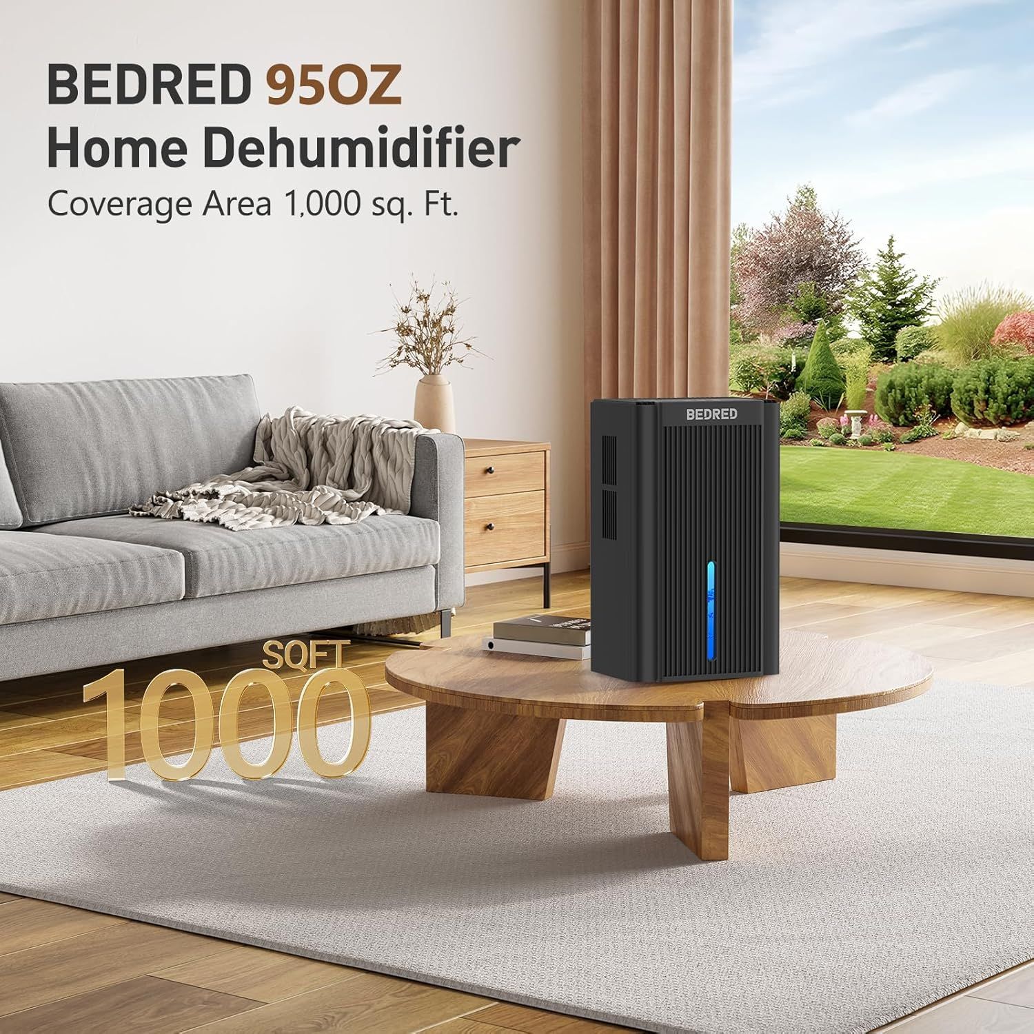 Communicates the dehumidifier's coverage capacity to help shoppers understand the size of space it can effectively serve. Shows the product in a real-world home environment to help shoppers…