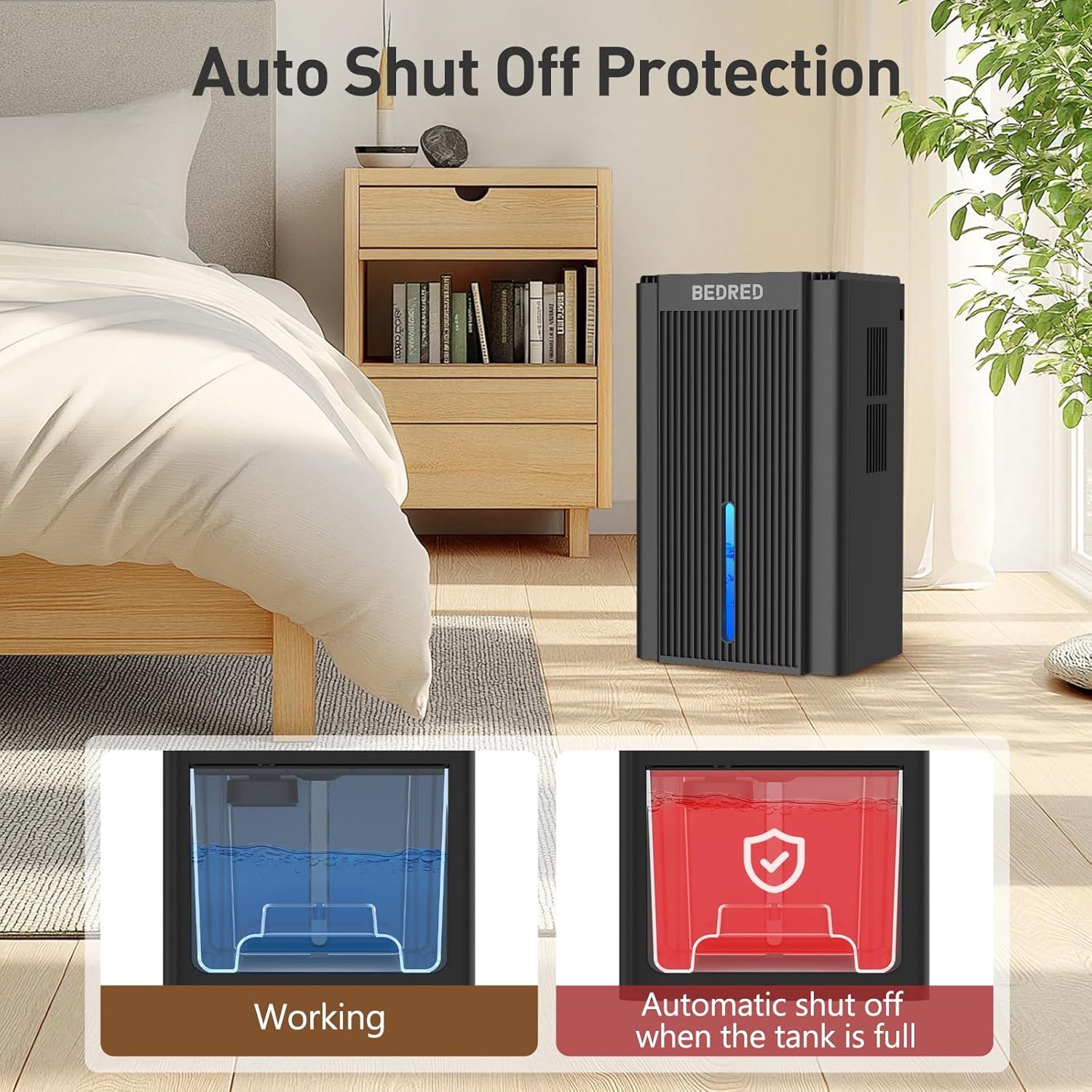Communicates the safety feature of automatic shut-off when the tank is full, reassuring shoppers that the humidifier/dehumidifier prevents overflow and operates safely.