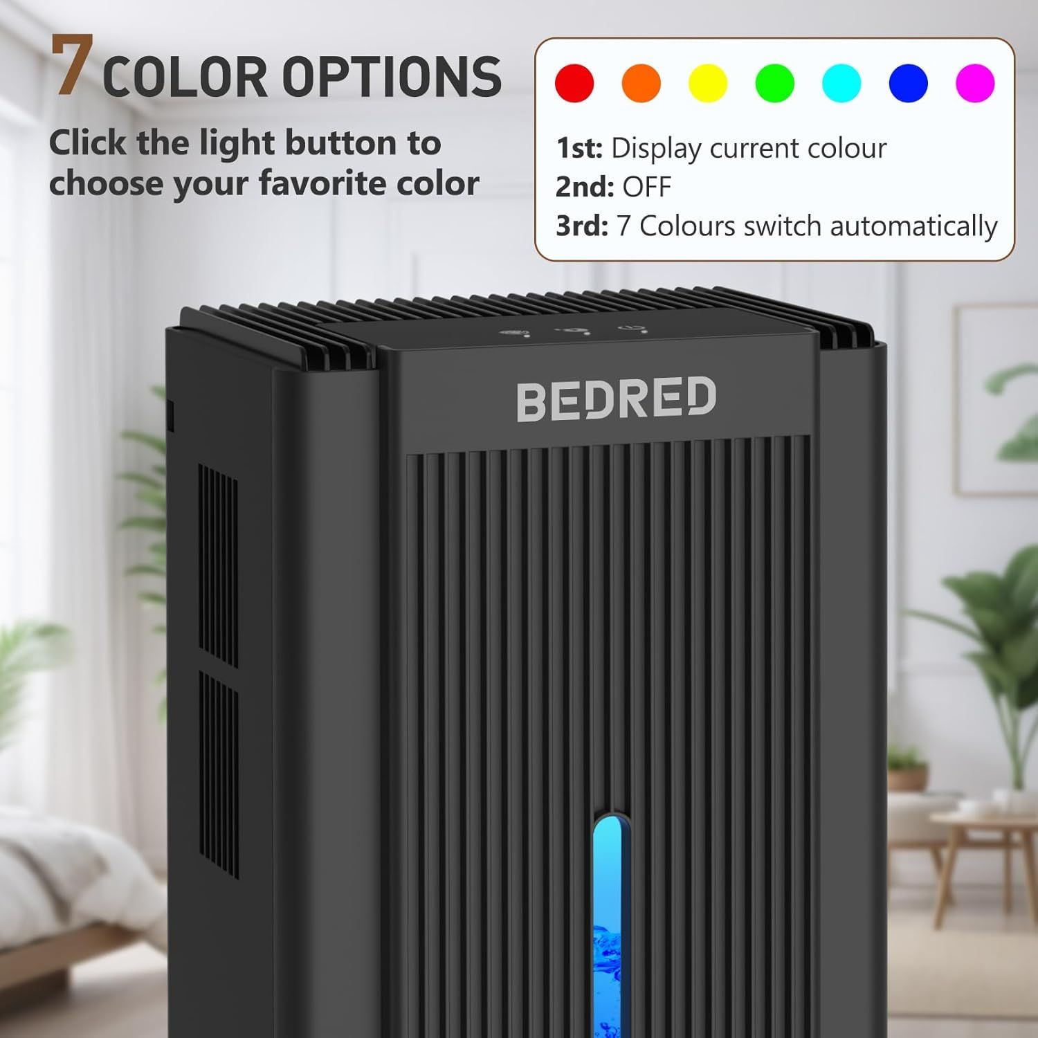 Highlights the product's customizable 7-color lighting feature and explains how to use the button controls to select colors, reassuring shoppers of personalization options.