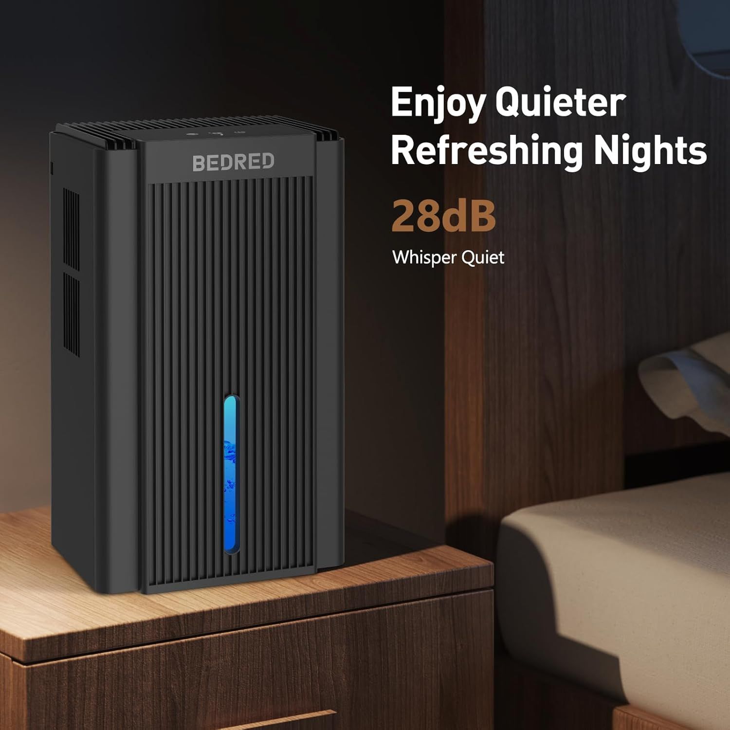 Highlights the product's whisper-quiet 28dB noise level to reassure shoppers that it won't disturb their sleep or daily activities. Communicates the primary benefit of quiet operation for peaceful,…