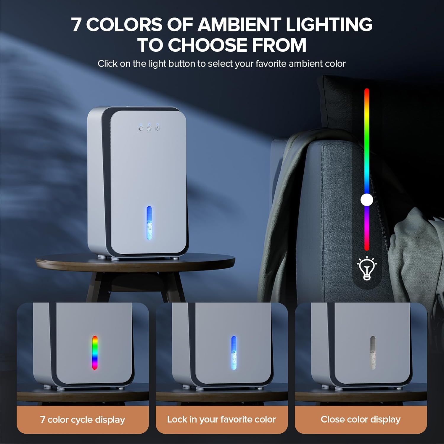 Explains how to select and customize the ambient lighting colors on the product by clicking the light button, showing the three modes: color cycle, lock favorite color, and close display. Highlights…