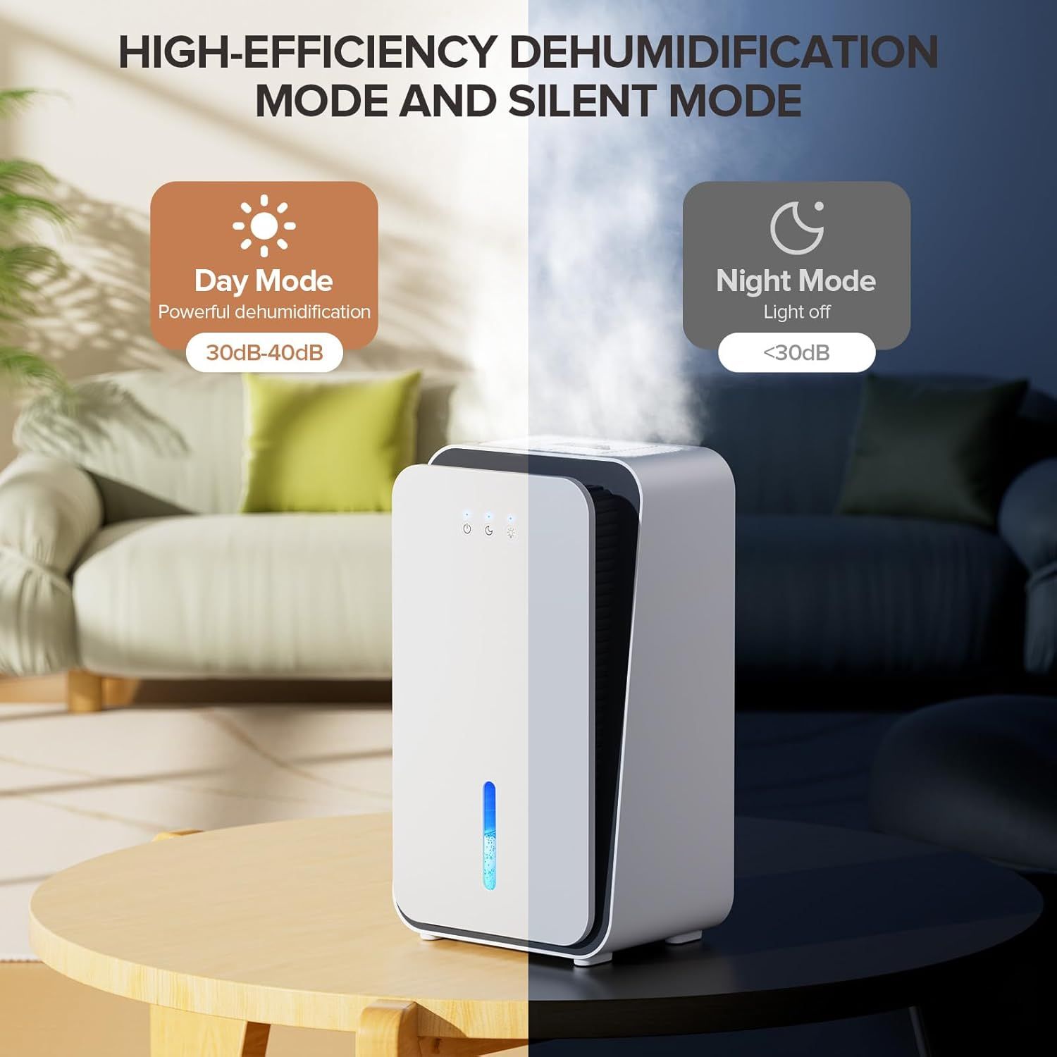 Communicates that the dehumidifier offers two distinct operating modes—a powerful day mode for high-efficiency dehumidification and a quiet night mode for undisturbed sleep—giving shoppers…