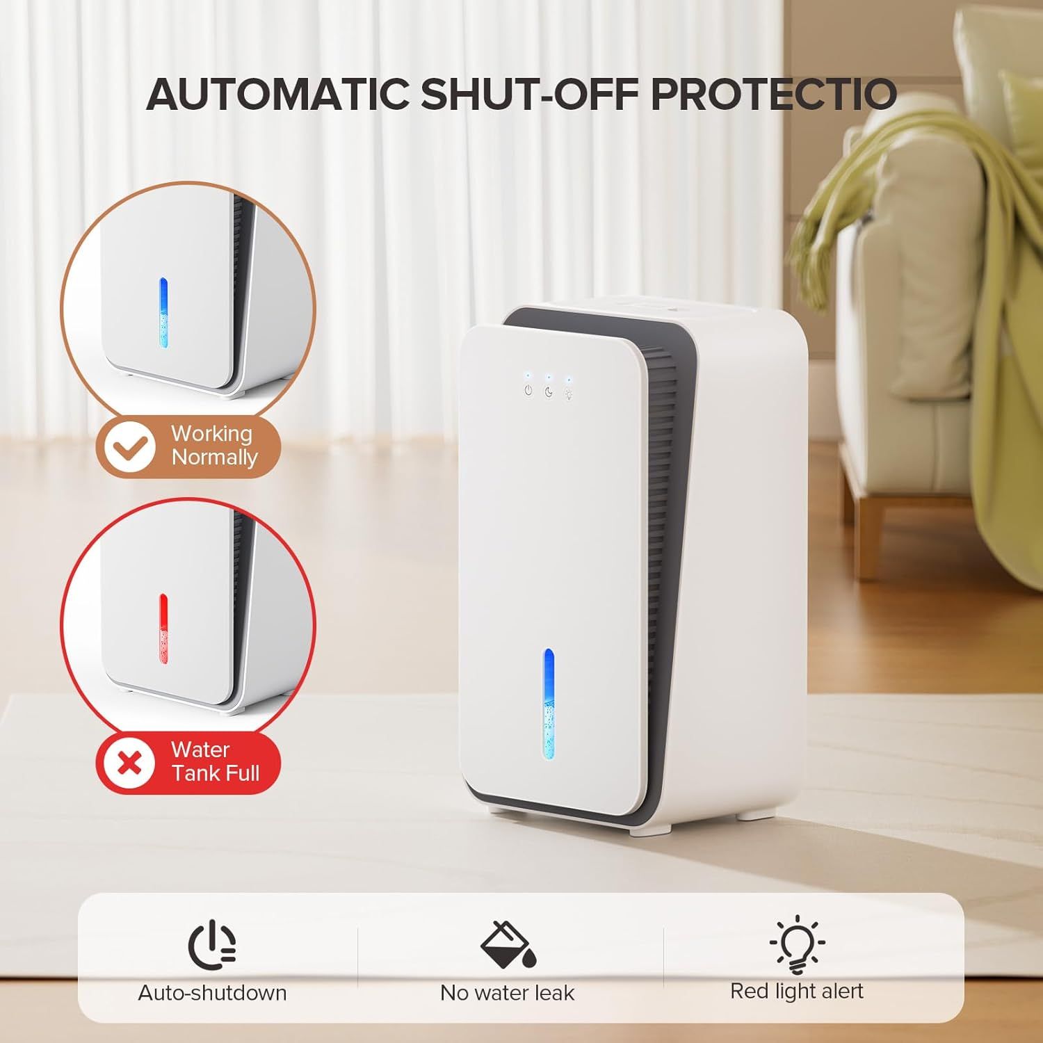 Communicates the safety feature of automatic shut-off when the water tank is full, reassuring shoppers that the dehumidifier prevents overflow and operates safely without constant monitoring.