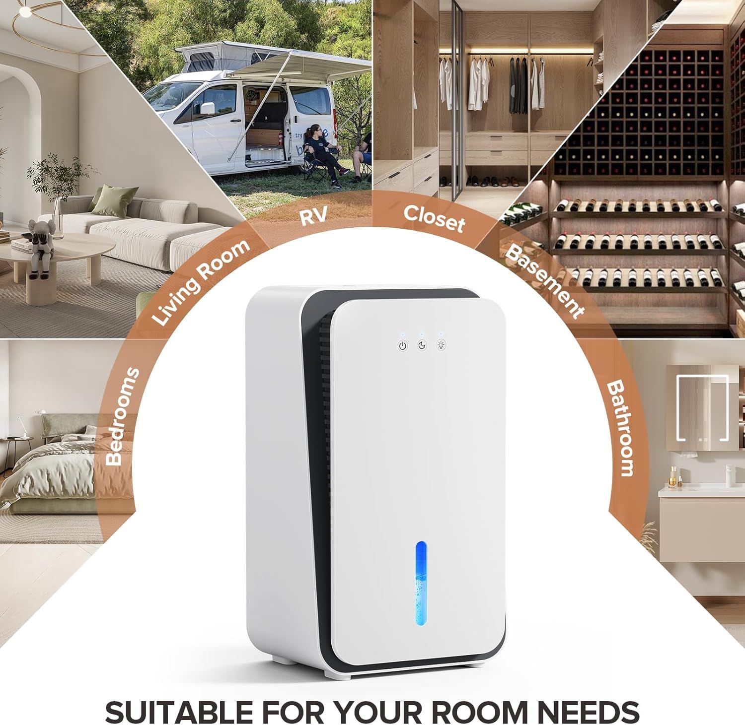 Demonstrates the product's versatility by showing it can be used effectively in multiple different room types and environments throughout the home and in RVs.