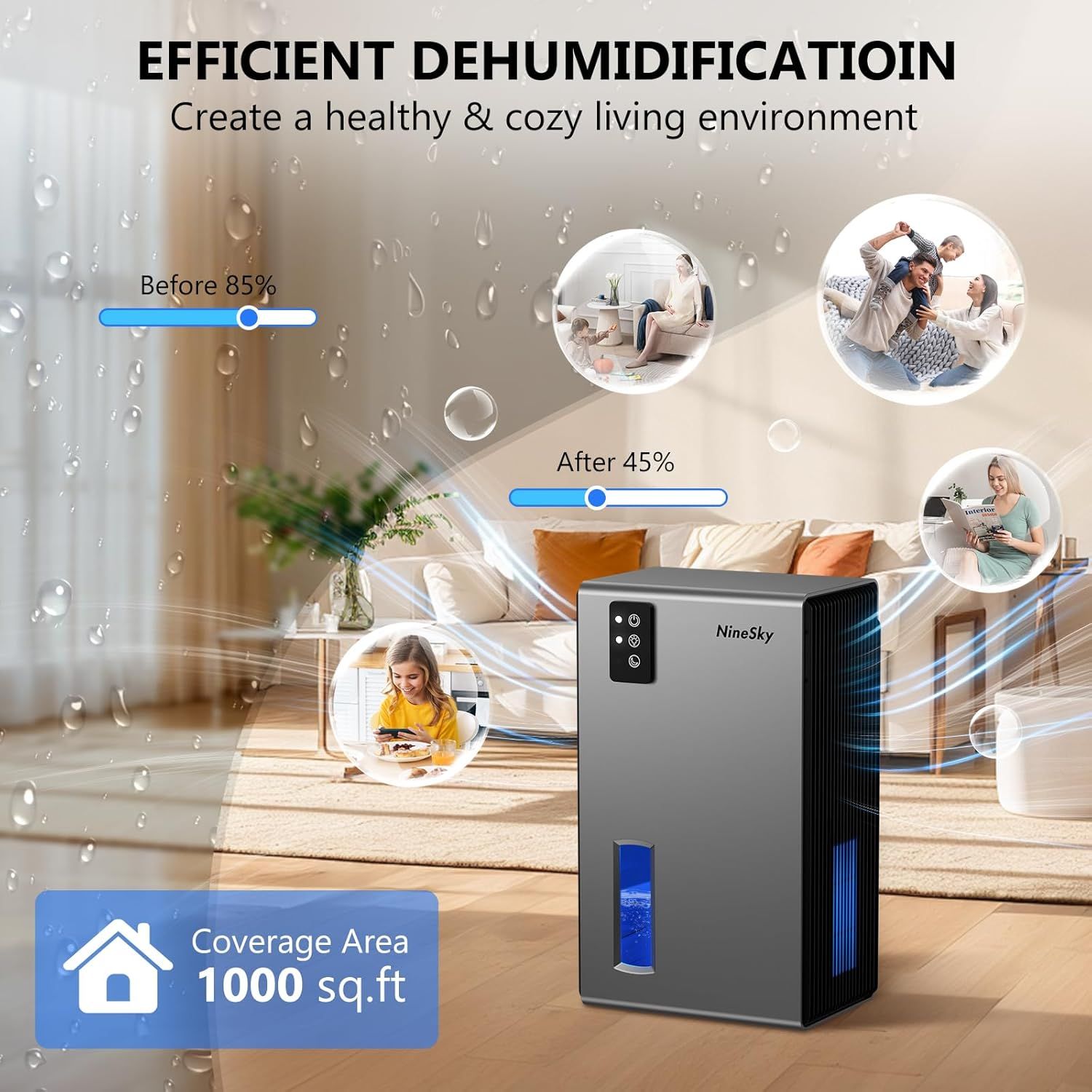 Communicates the dehumidifier's quantifiable performance by showing it reduces humidity from 85% to 45% and covers 1000 square feet, reassuring shoppers of its effectiveness and capacity for their…