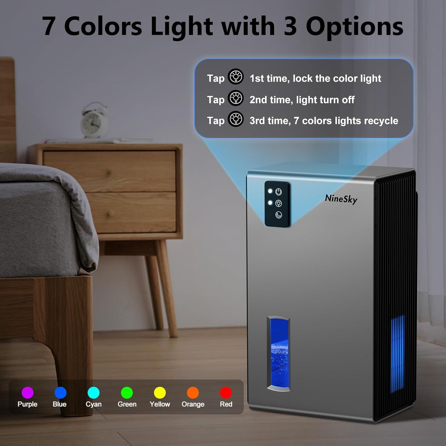 Explains how to operate the color lighting feature through a simple 3-step tap control system, helping shoppers understand the product's ease of use and lighting customization options. Highlights…