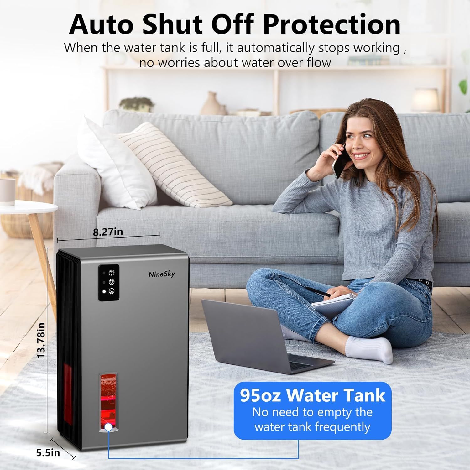 Communicates multiple key benefits including automatic overflow protection, large water tank capacity, and product dimensions to reassure shoppers about safety, convenience, and fit.