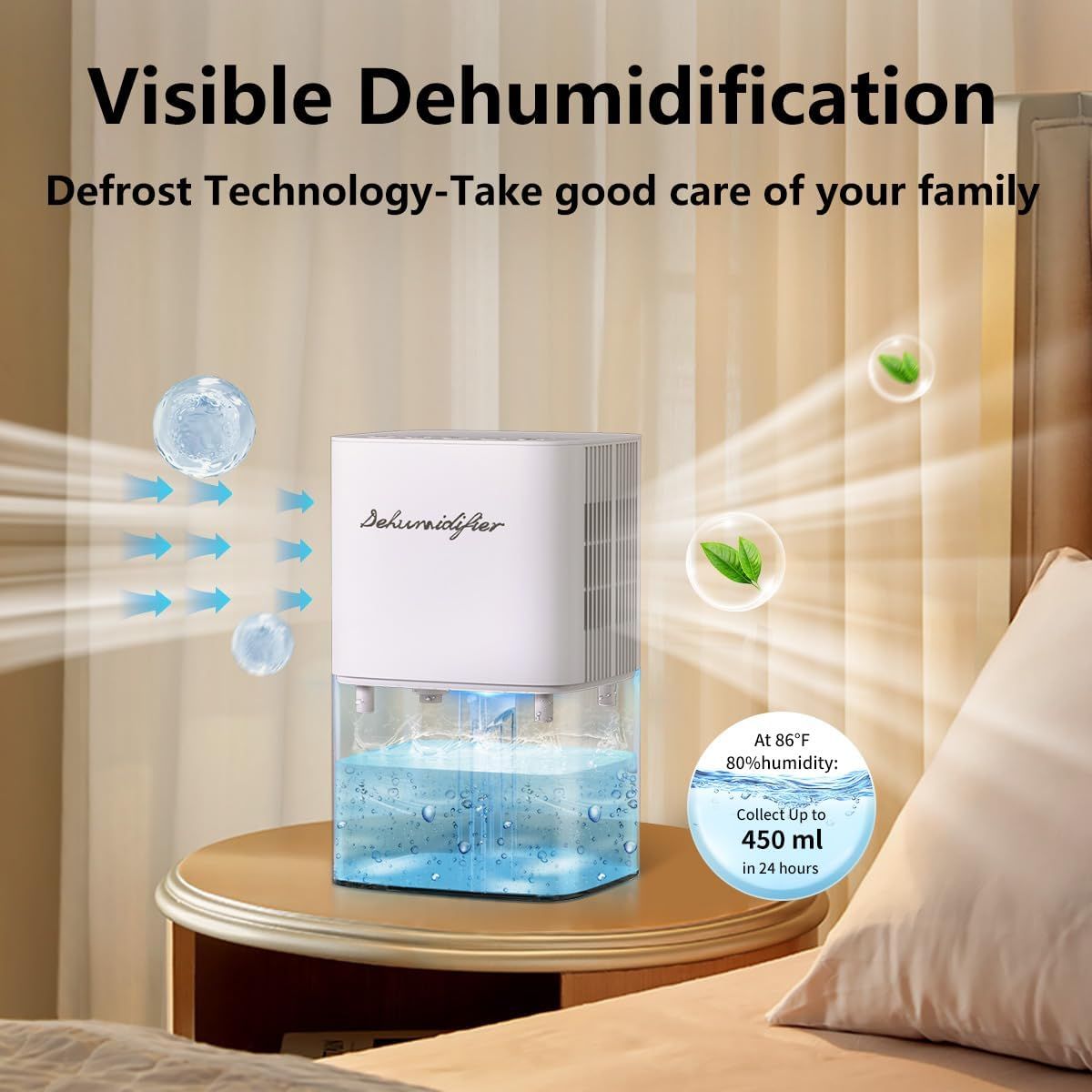 Communicates multiple key benefits of the dehumidifier including visible operation, defrost technology for family care, and impressive moisture collection capacity to reassure shoppers of its…