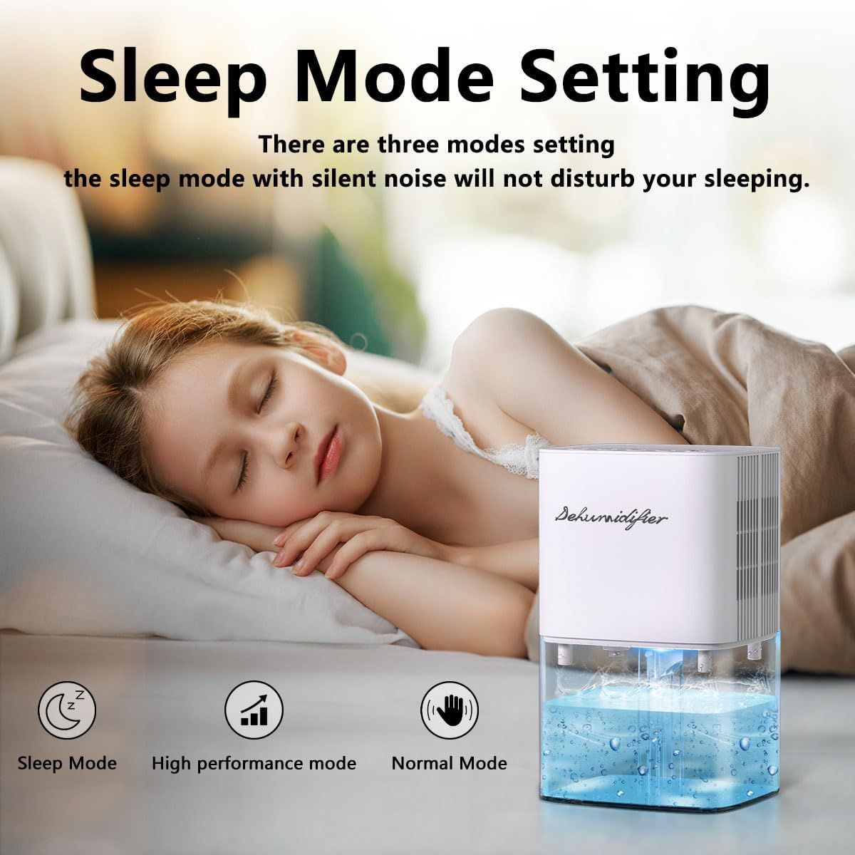 Highlights the product's sleep mode feature with silent operation to reassure shoppers that the humidifier won't disturb their sleep.