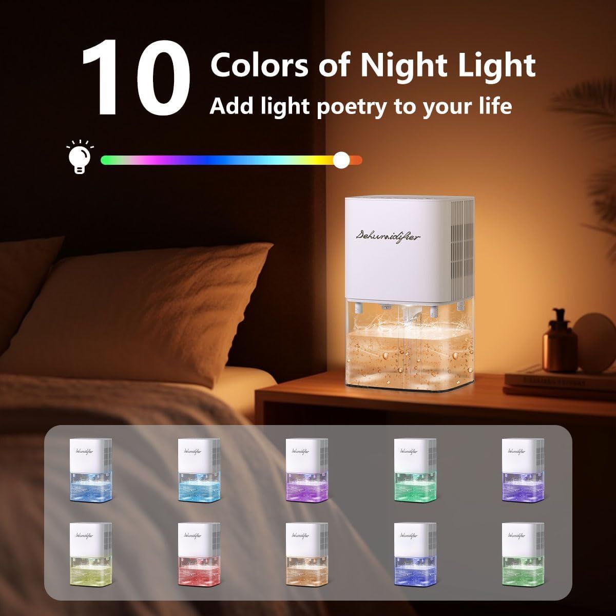 Highlights the product's ability to provide 10 different color options for ambient lighting, allowing shoppers to customize their mood and atmosphere.