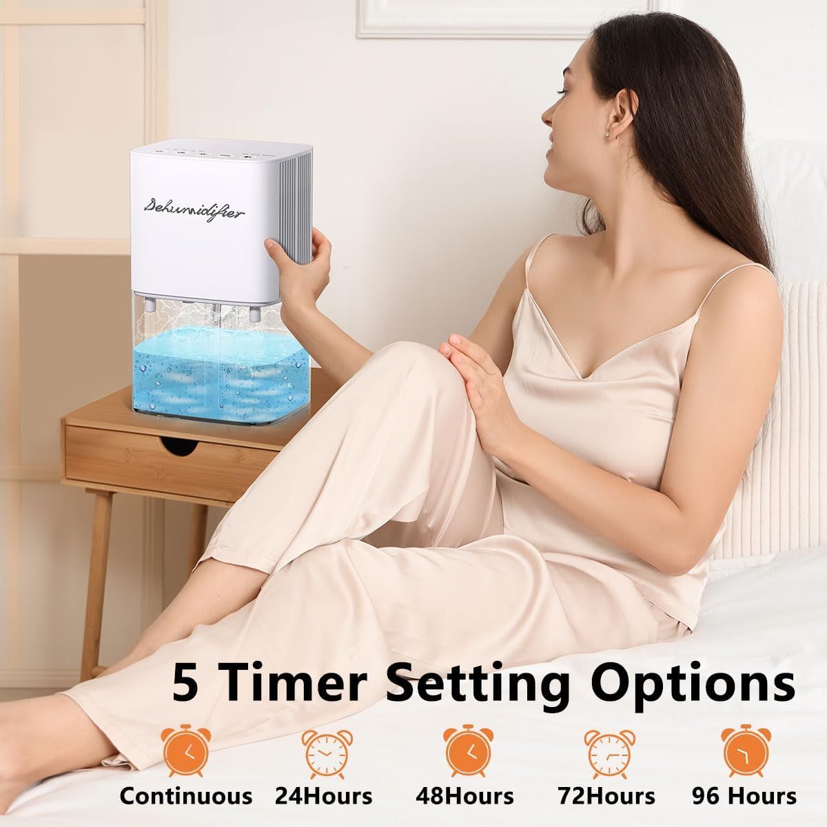 Highlights the dehumidifier's flexible timer functionality with 5 different setting options, reassuring shoppers they can customize operation schedules for convenience and energy efficiency.