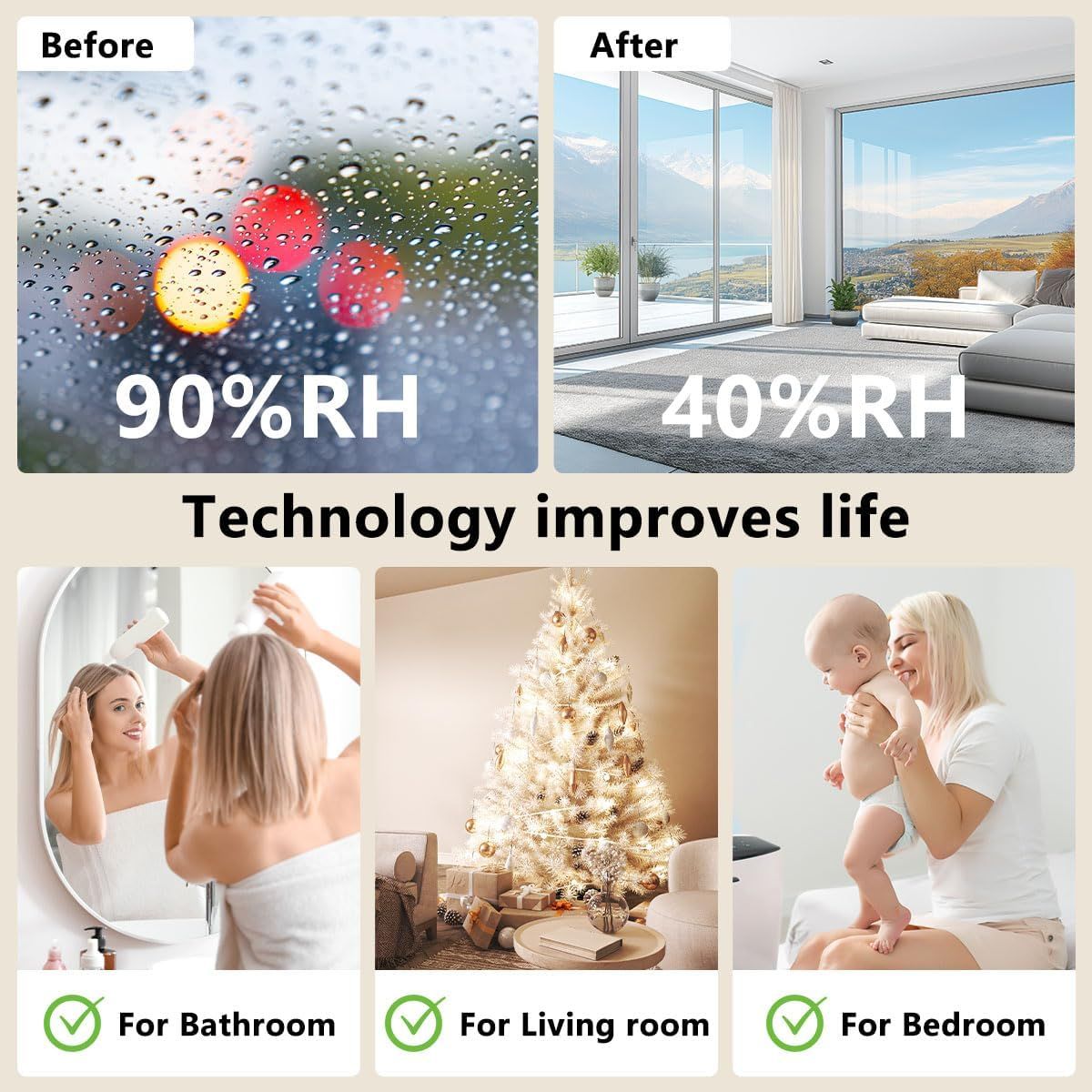 Demonstrates the product's effectiveness at reducing humidity from 90% RH to 40% RH, showing the transformation from foggy, moisture-laden conditions to clear, comfortable living spaces. Shows the…