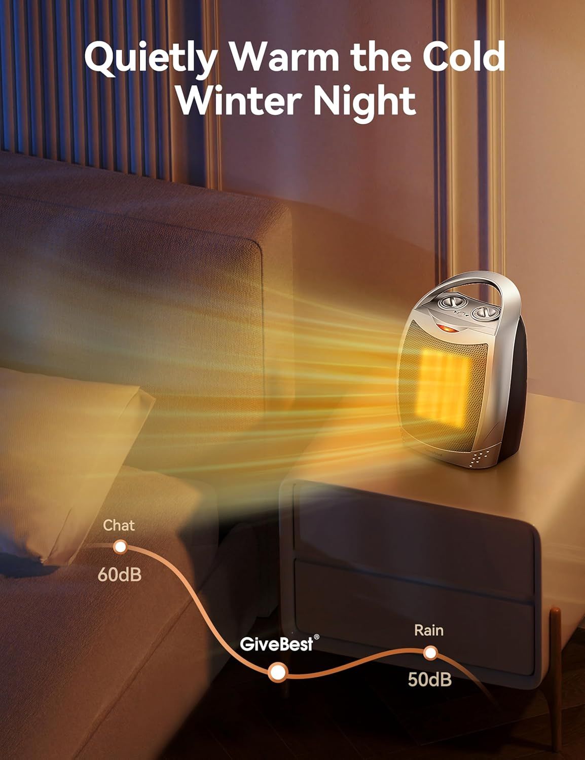 Communicates that the heater operates quietly with specific decibel measurements, reassuring shoppers they can use it at night without disturbing sleep. Positions the product as ideal for cold…