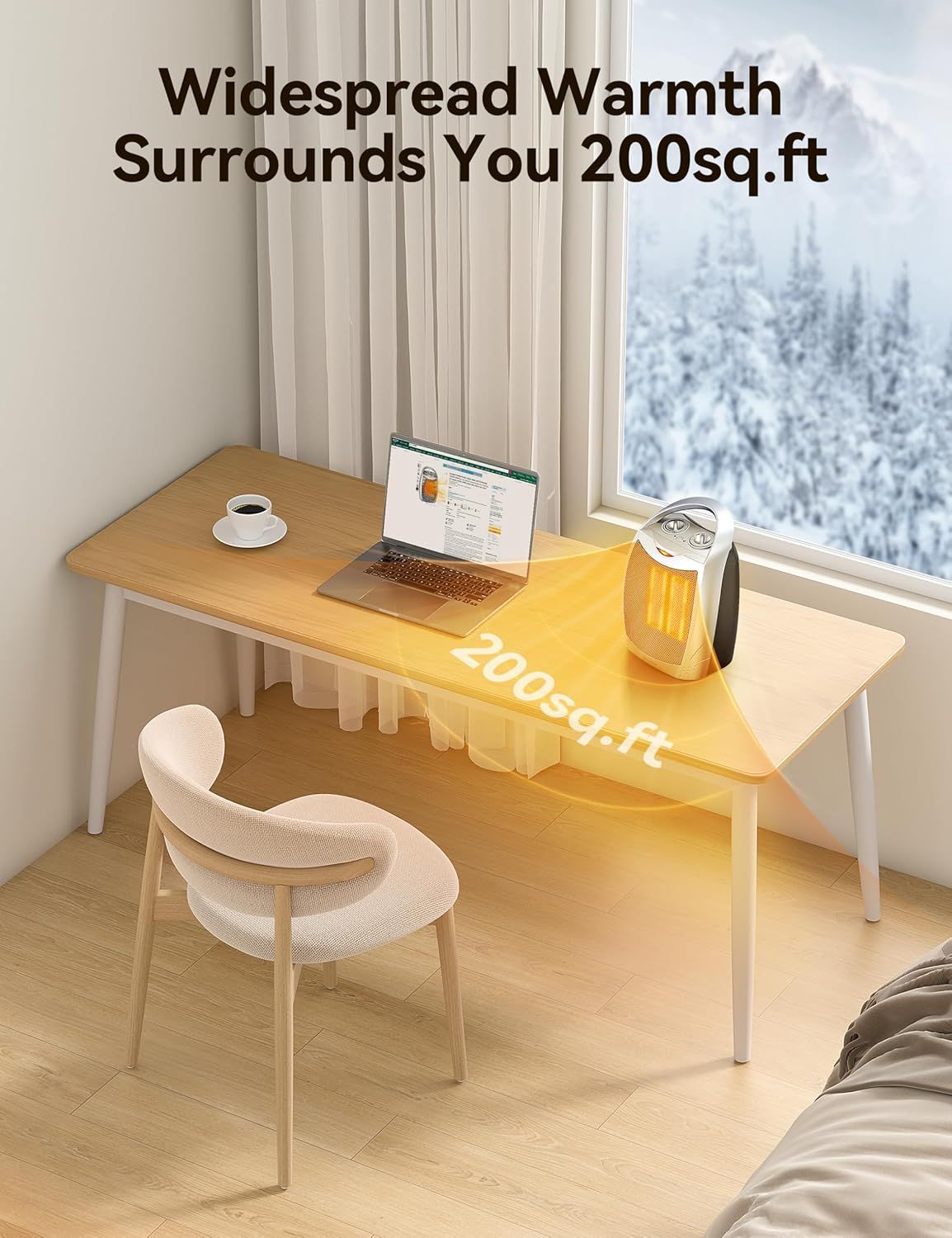 Communicates the heater's coverage capacity of 200 square feet to help shoppers understand if it will adequately heat their intended space. Demonstrates the product's ability to provide widespread…