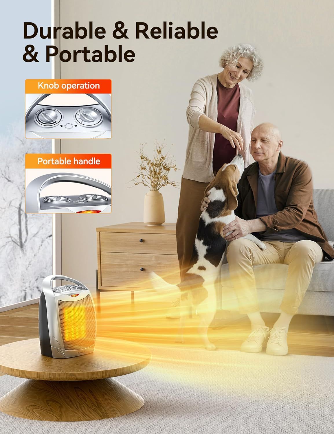 Communicates multiple key benefits of the portable heater including ease of use via knob controls, portability through the handle design, and overall durability and reliability for home use.