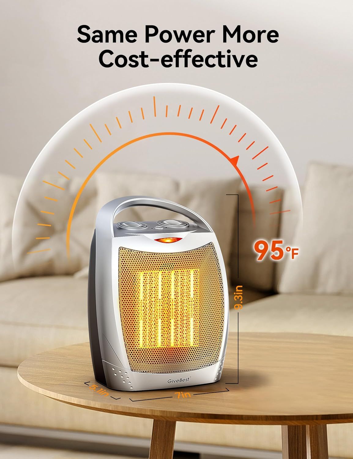 Communicates the physical dimensions of the space heater (9.6in height x 7in width) to help shoppers understand its compact footprint and portability. Highlights the heater's ability to reach 95°F,…