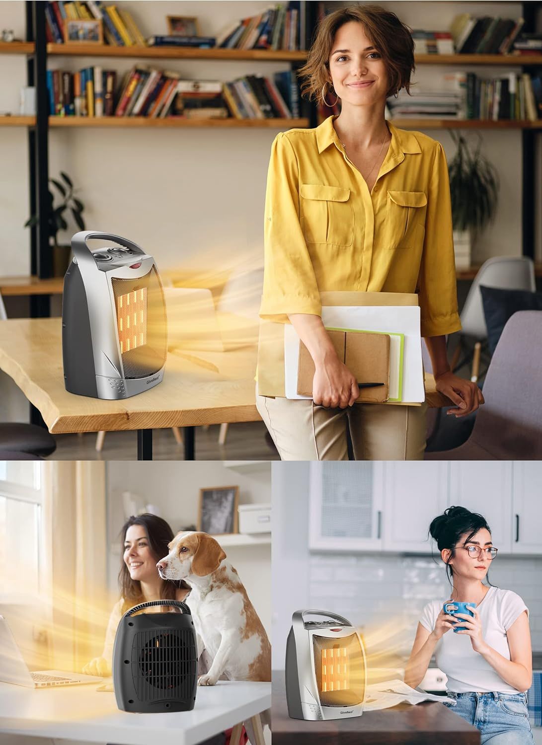 Demonstrates the product's versatility by showing it being used in multiple real-world environments (home office, living room with pet, kitchen workspace) to reassure shoppers it fits various…