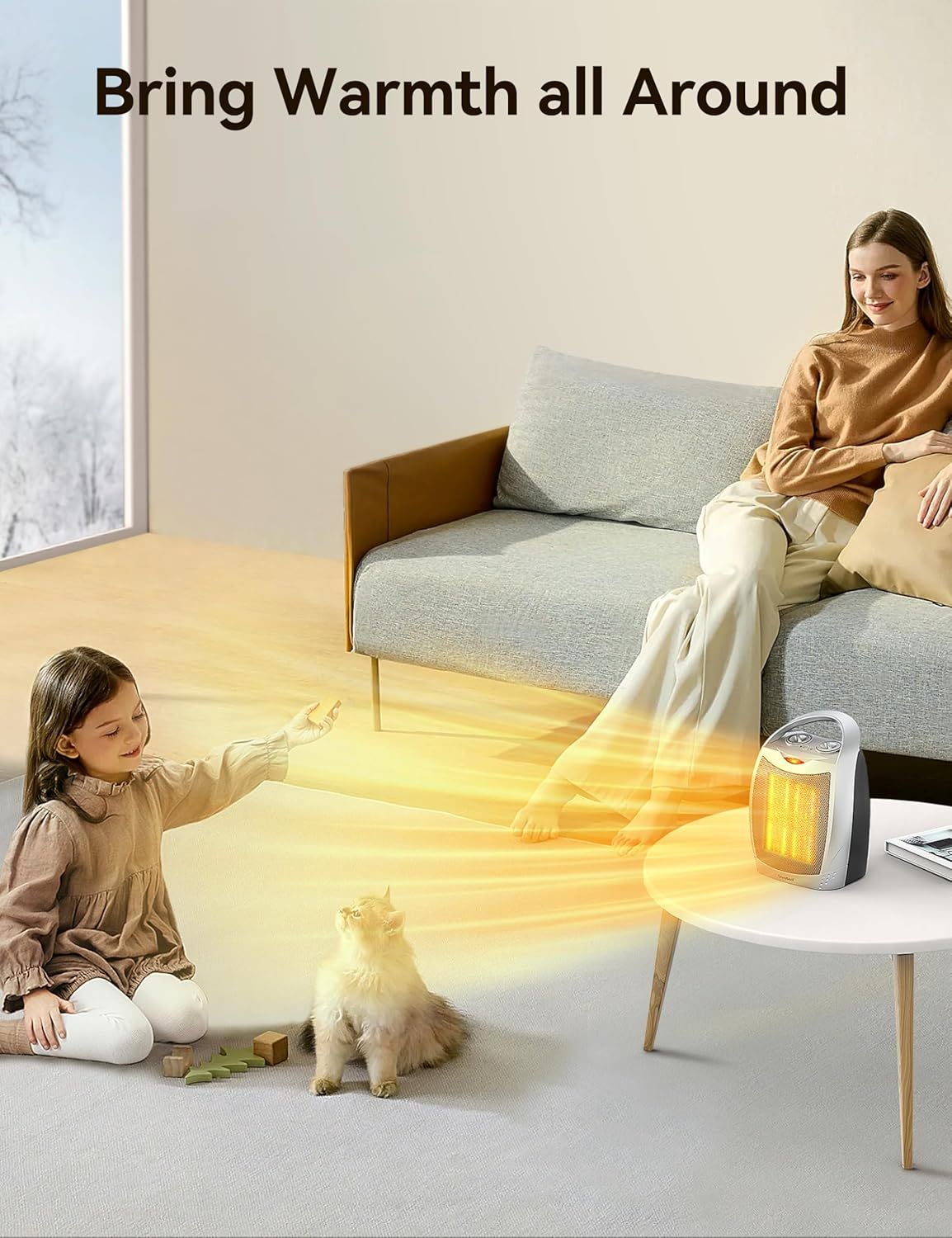 Demonstrates the heater's ability to distribute warmth throughout the entire room, reassuring shoppers of effective whole-room heating performance.