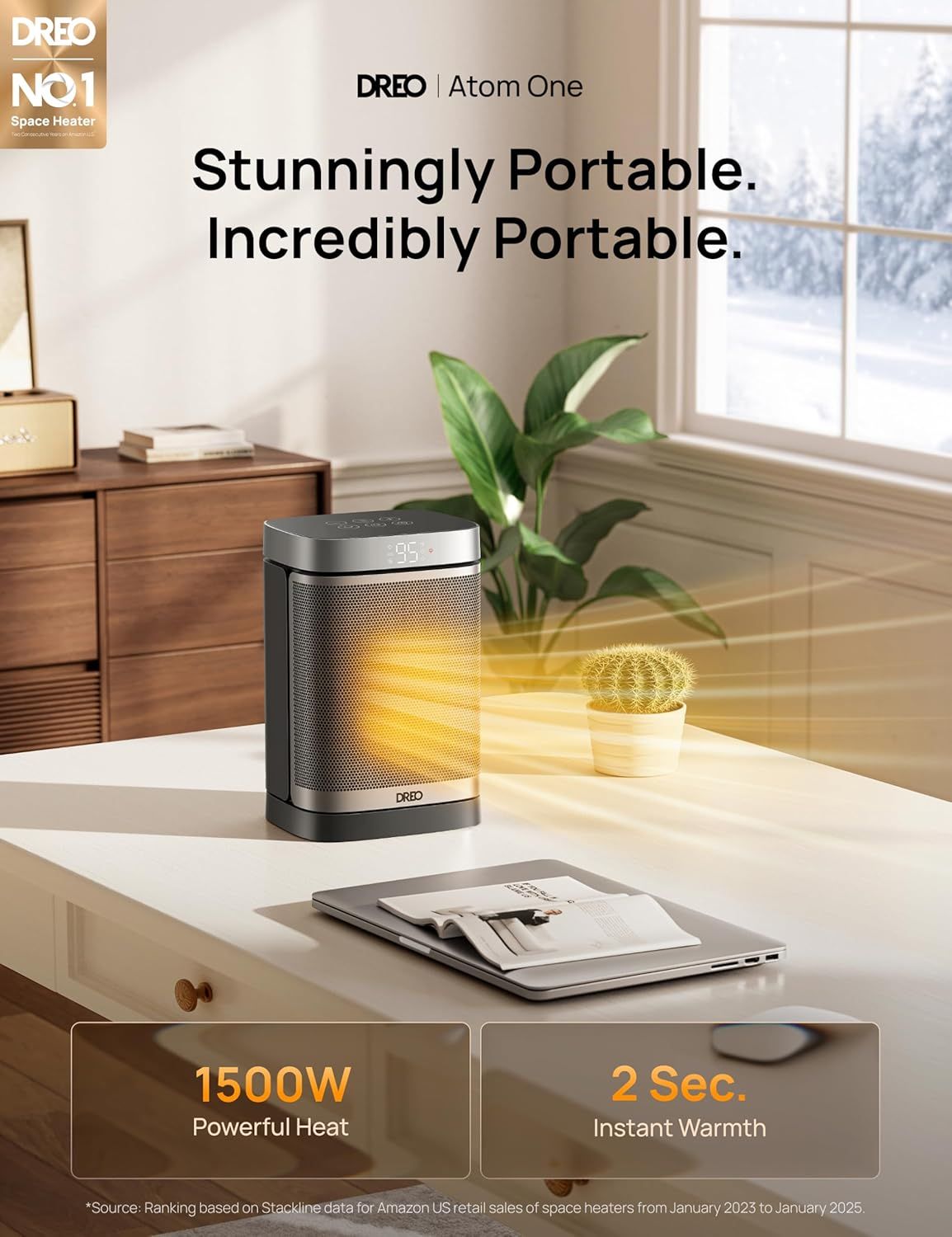 Communicates multiple key benefits of the space heater: its portable design, powerful heating capability, and fast warmth delivery to reassure shoppers of its performance and convenience.