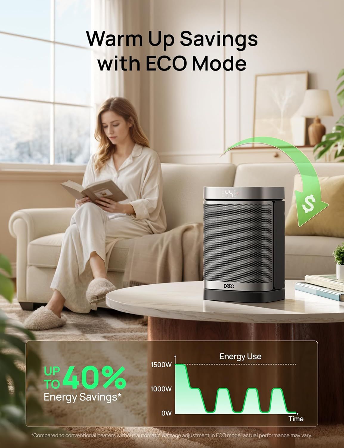 Communicates the quantifiable energy savings benefit of the product's ECO Mode feature, showing shoppers they can reduce energy consumption by up to 40% compared to conventional heaters. Highlights…