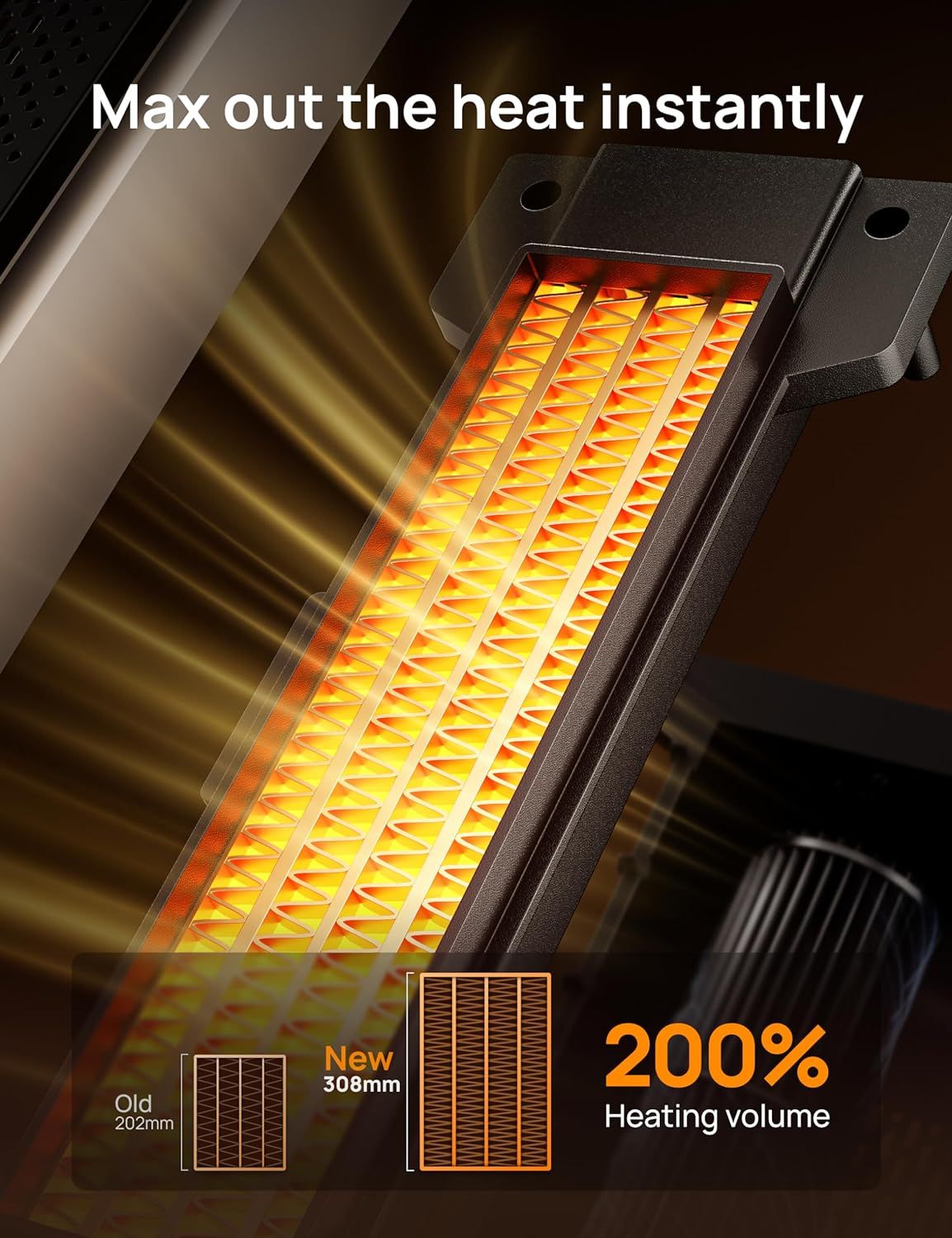 Communicates the product's superior heating performance with a quantifiable 200% heating volume claim and instant heat capability to reassure shoppers of its effectiveness. Shows the product's…