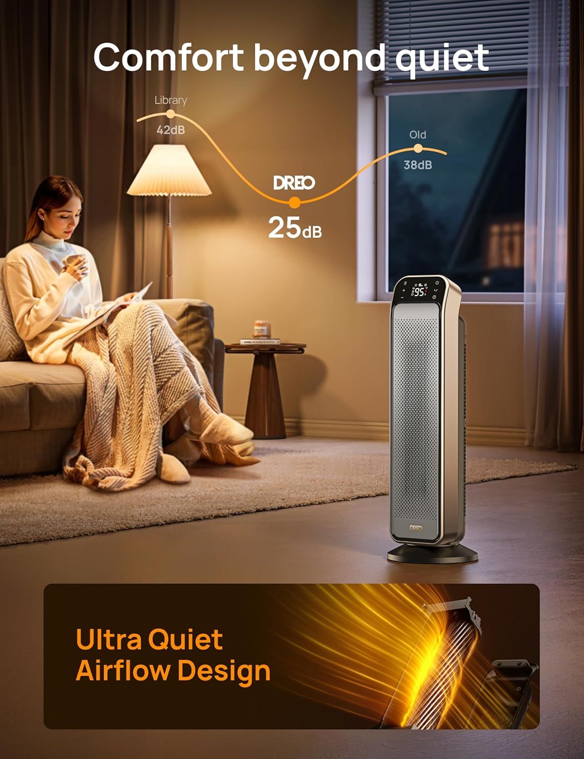 Communicates the product's ultra-quiet performance at 25dB compared to library noise (42dB) and older models (38dB), reassuring shoppers that this air purifier/heater operates silently for…