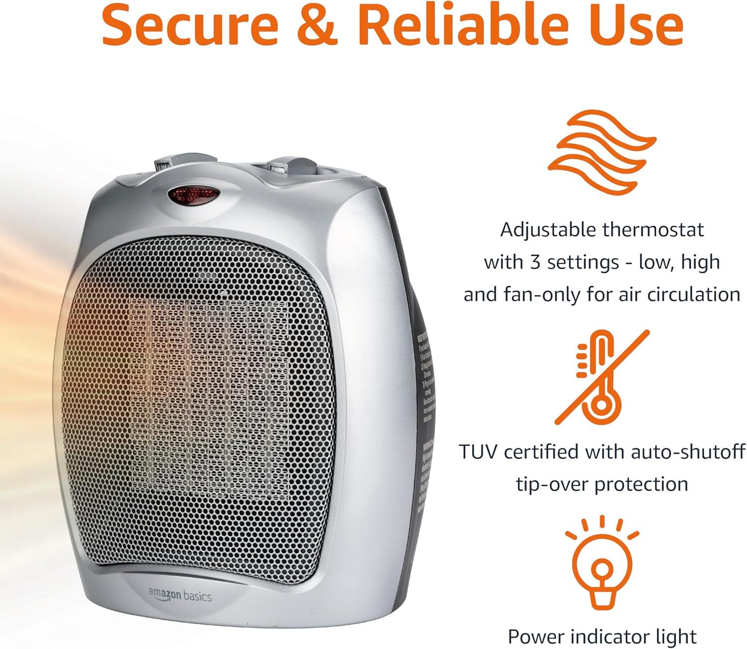 Communicates multiple safety and usability features of the space heater to reassure shoppers about its reliability, safety certifications, and convenient controls.
