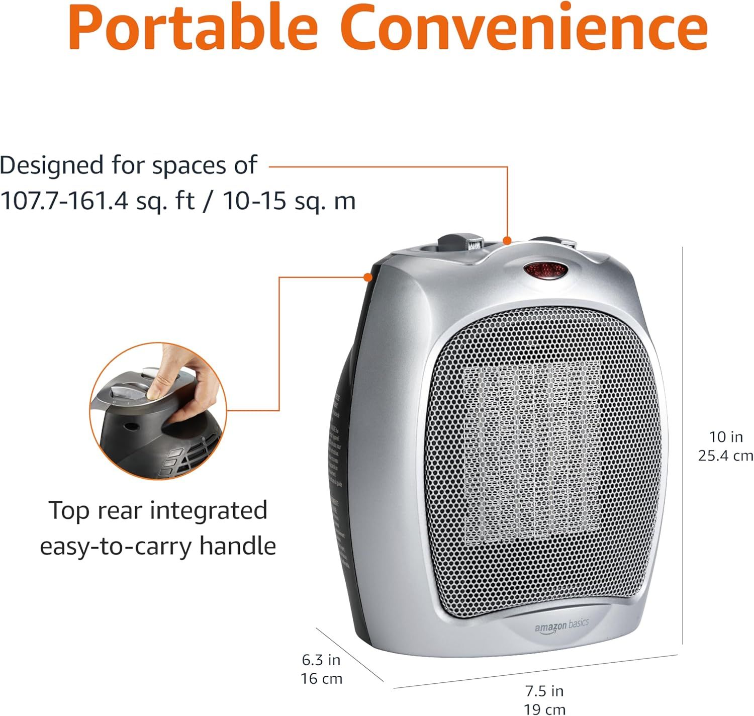 Communicates the physical size of the heater and the room coverage it's designed for, helping shoppers understand if it fits their space needs. Highlights the product's portability and ease of…