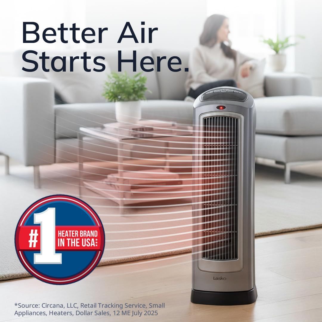Communicates brand authority and market leadership by highlighting that this is the #1 heater brand in the USA, building trust and credibility with shoppers. Shows the heater in a real-world home…
