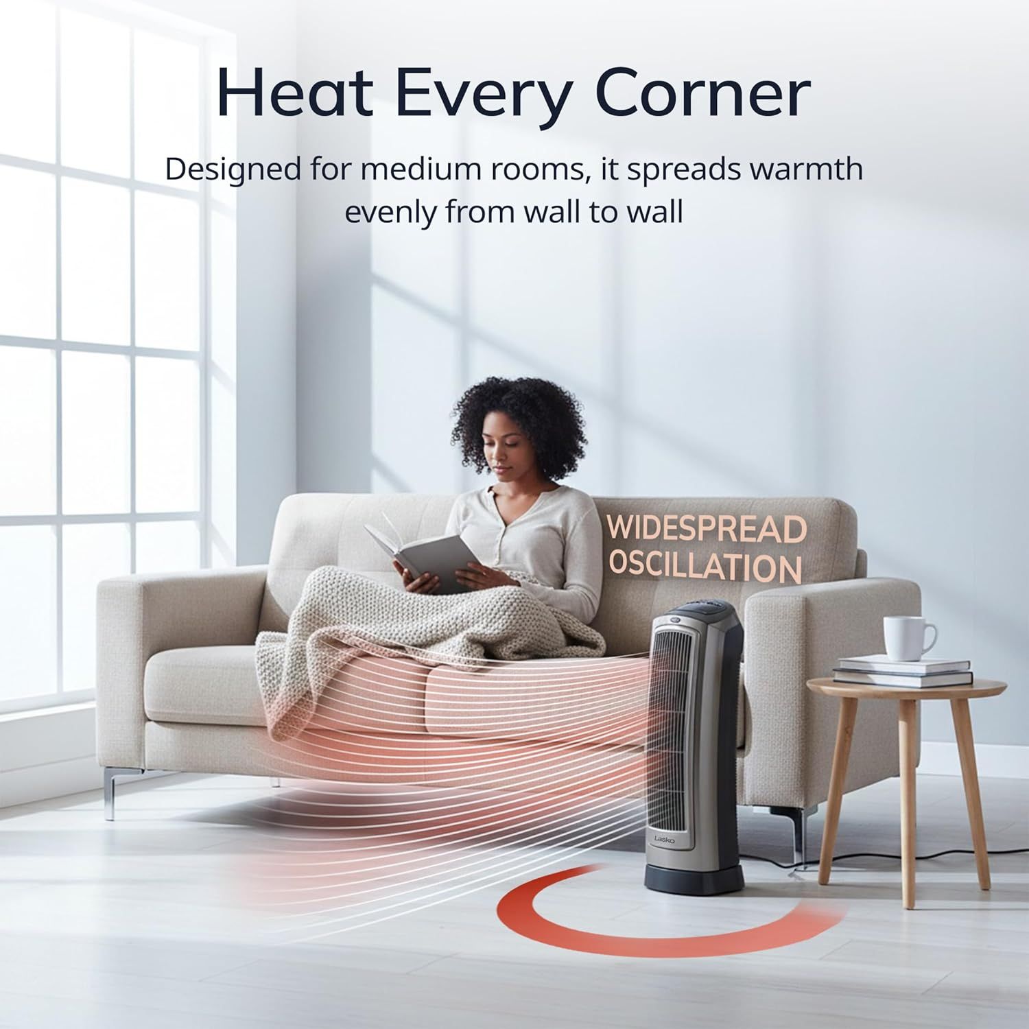 Demonstrates the heater's ability to spread warmth evenly throughout medium-sized rooms using widespread oscillation technology, reassuring shoppers of comprehensive heating coverage.