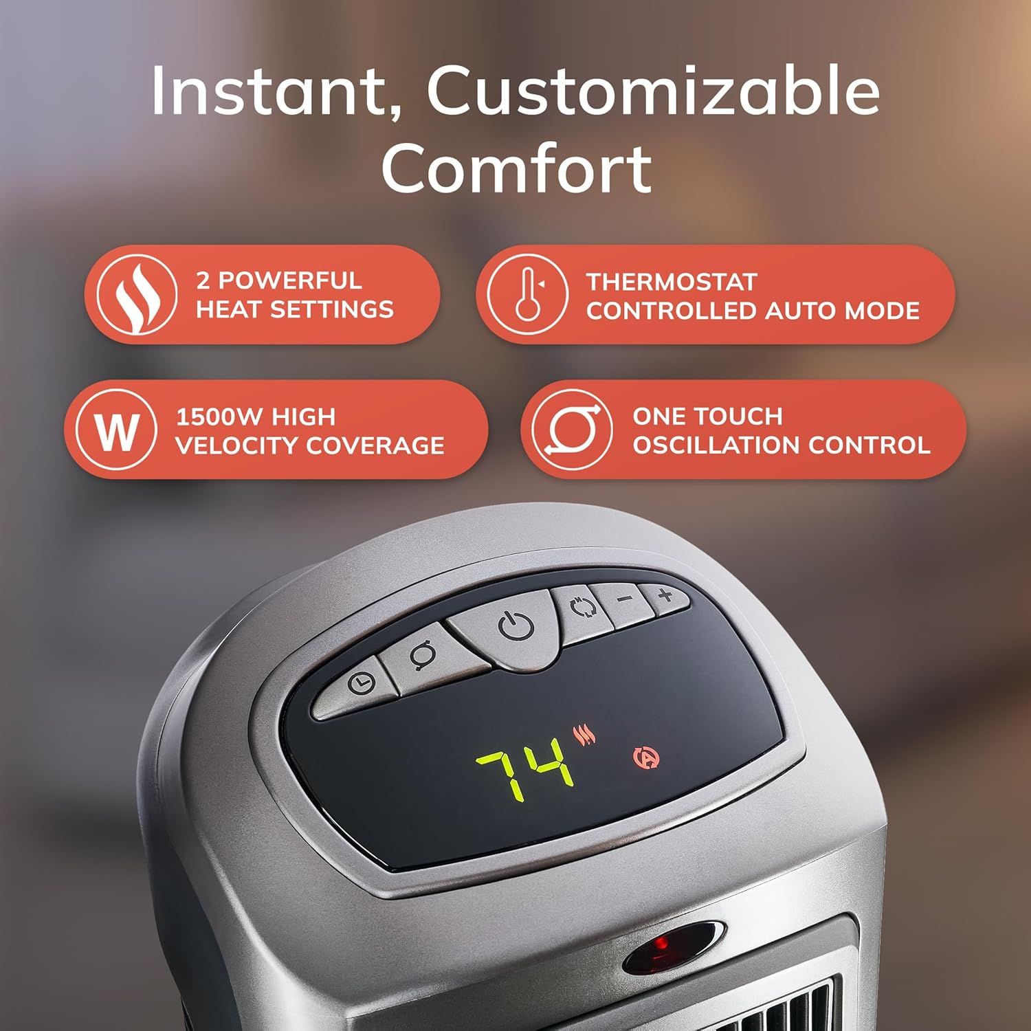 Communicates multiple key features of the heater in a segmented layout to show versatility, power, and ease of use, reassuring shoppers of customizable comfort and convenience.