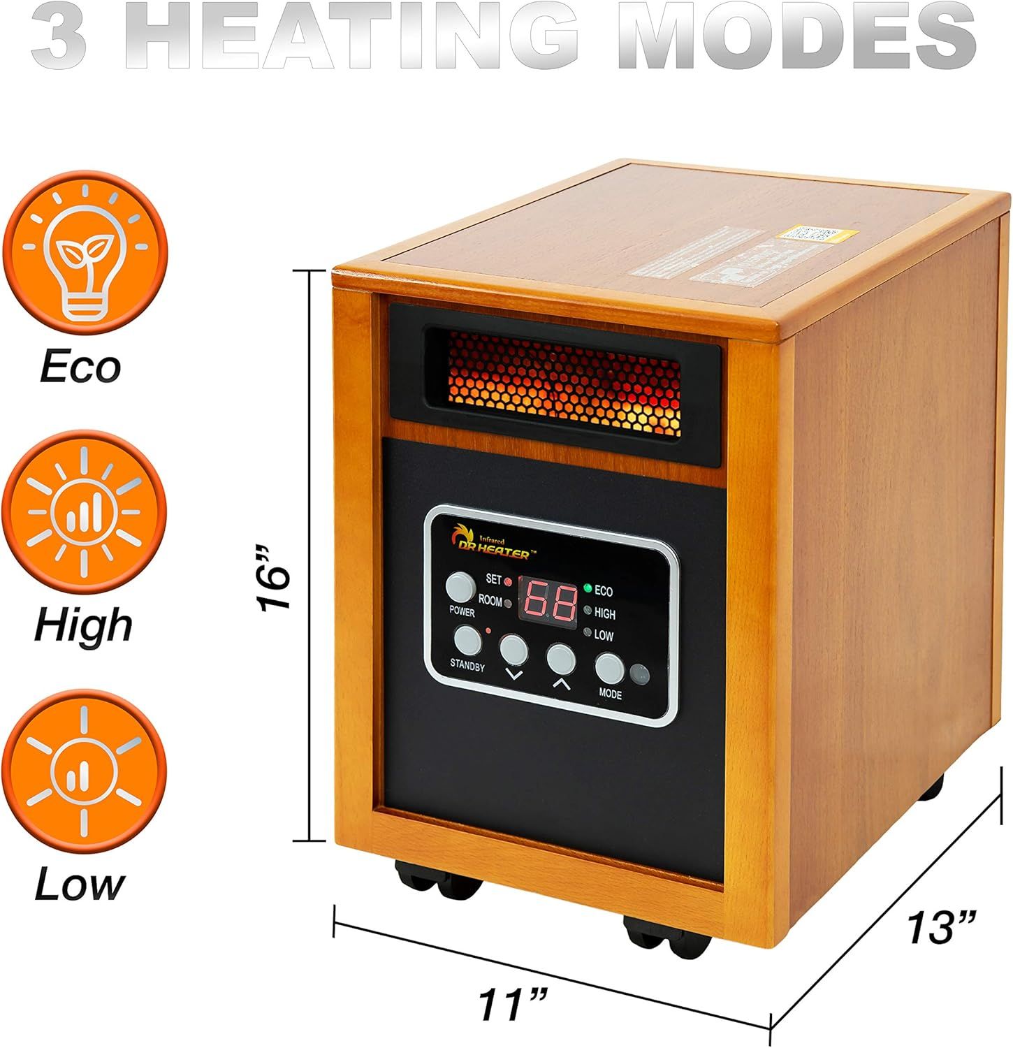 Communicates the physical dimensions of the heater (16" x 11" x 13") to help shoppers understand its size and footprint for space planning. Highlights the three distinct heating modes available,…