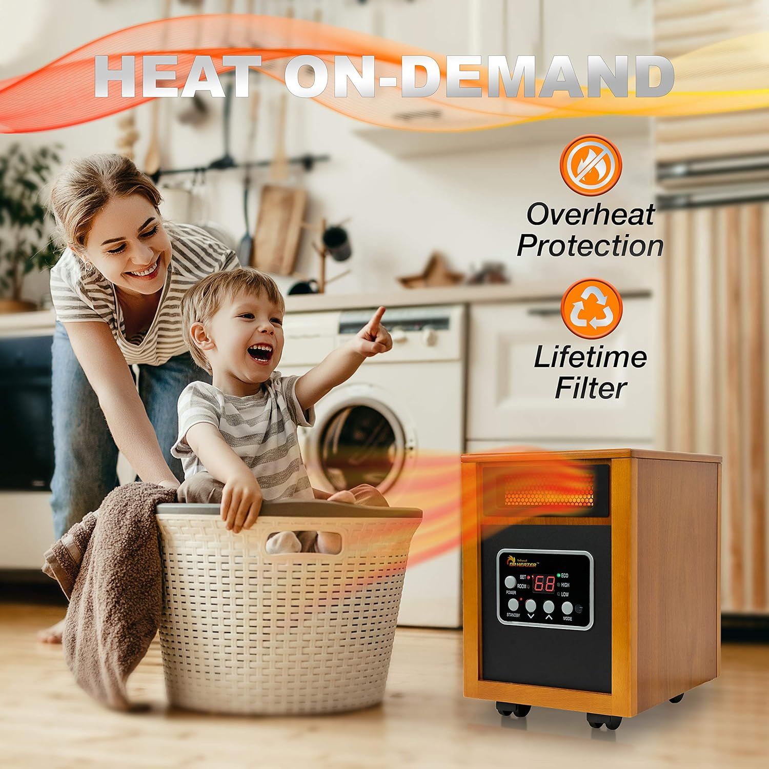 Communicates multiple key benefits of the heater including on-demand heating capability, safety features, and long-lasting filter to reassure shoppers about performance, safety, and value.