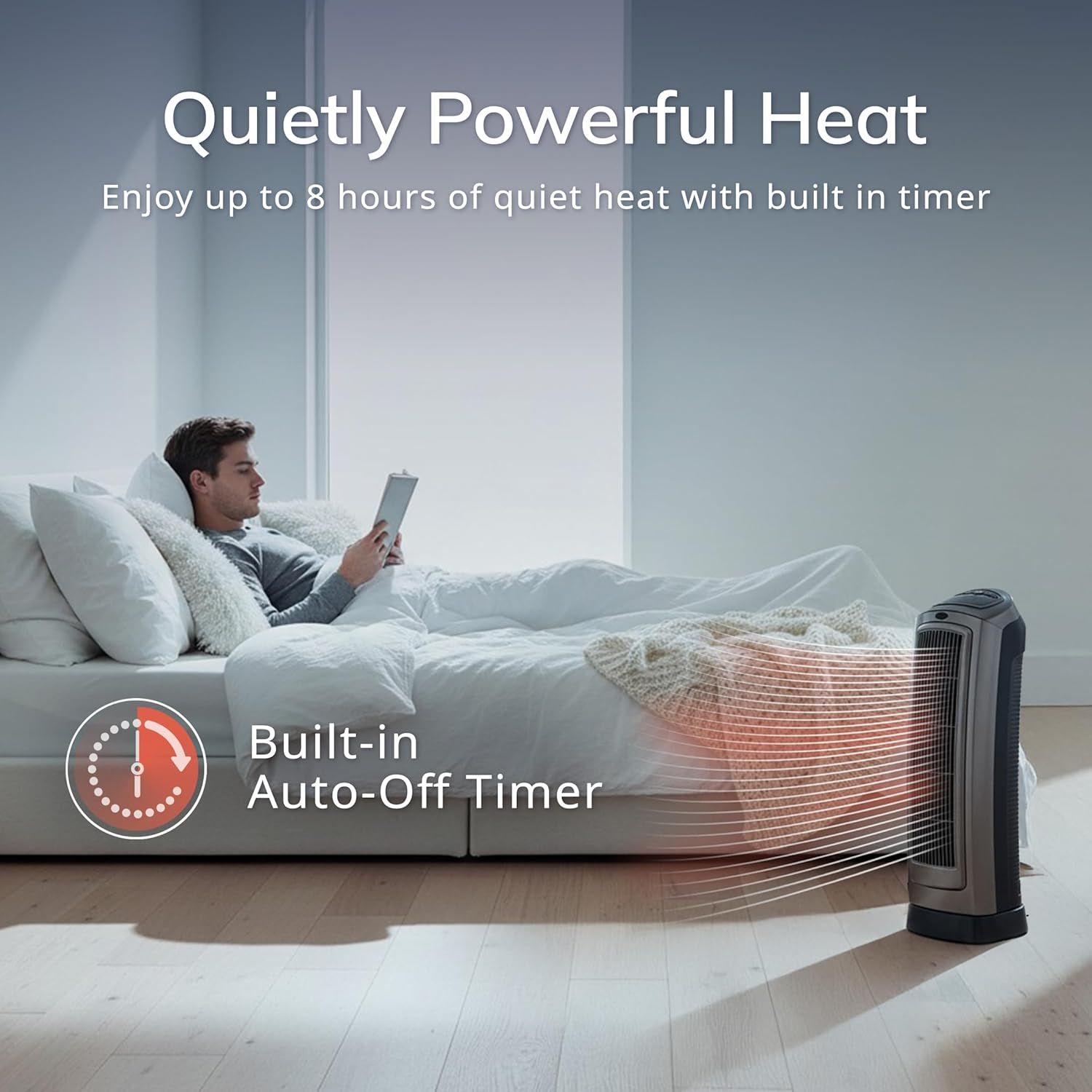 Communicates that the heater provides powerful yet quiet heating with a built-in timer feature, reassuring shoppers about convenience and peaceful operation in their living space.