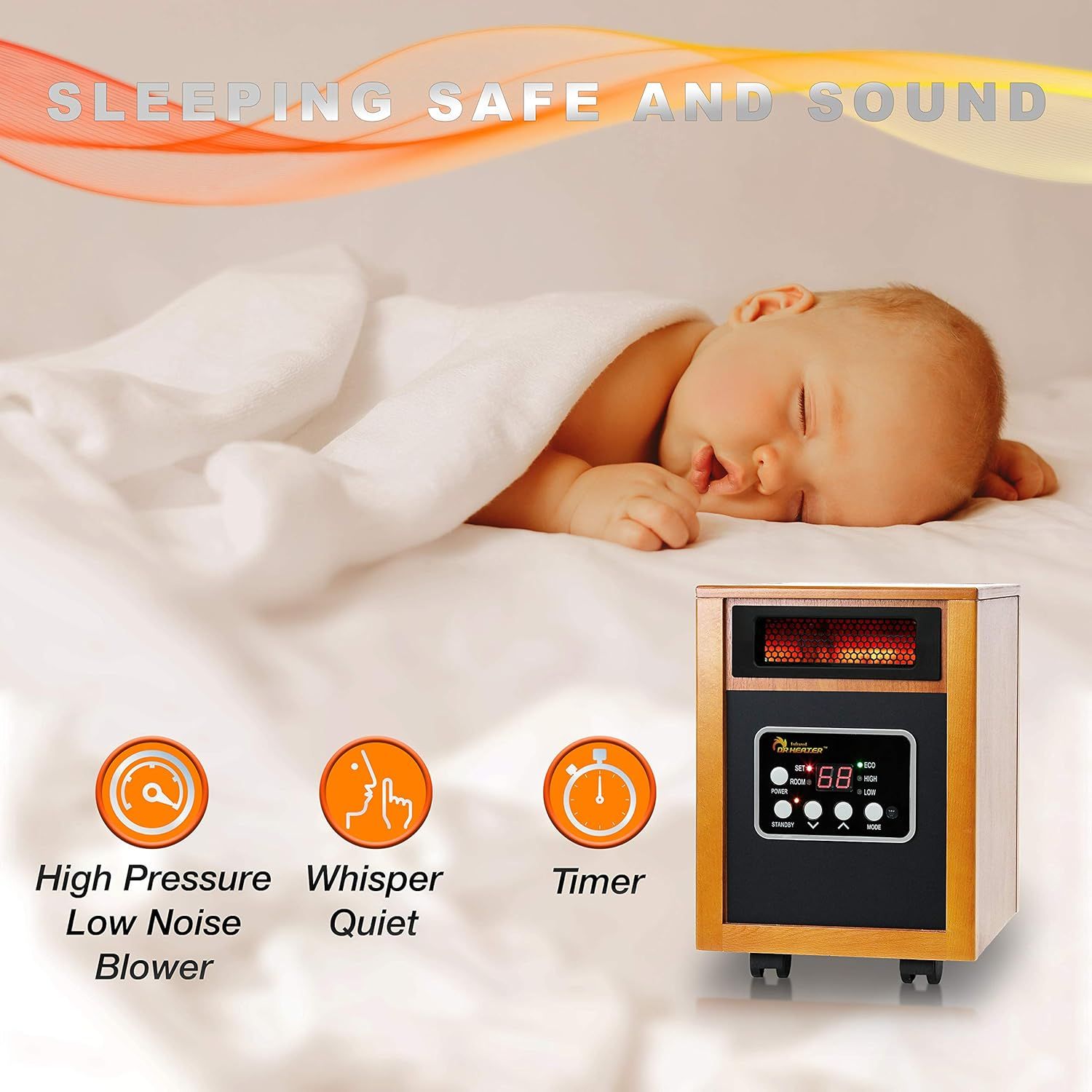 Communicates multiple key benefits of the heater to reassure parents that it is safe, quiet, and convenient for use around sleeping babies.