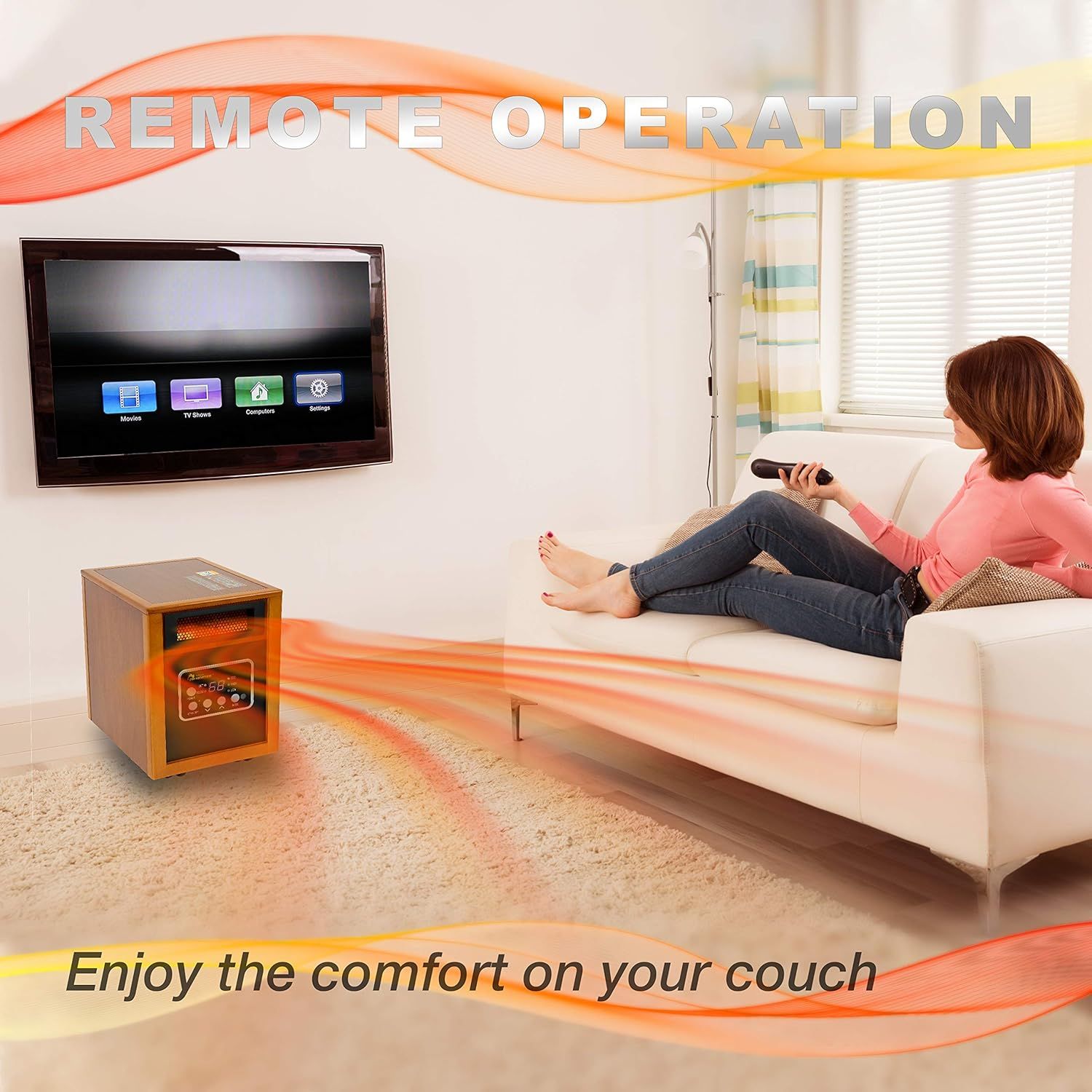 Communicates the convenience of remotely controlling the heater from the couch, emphasizing comfort and ease of use.