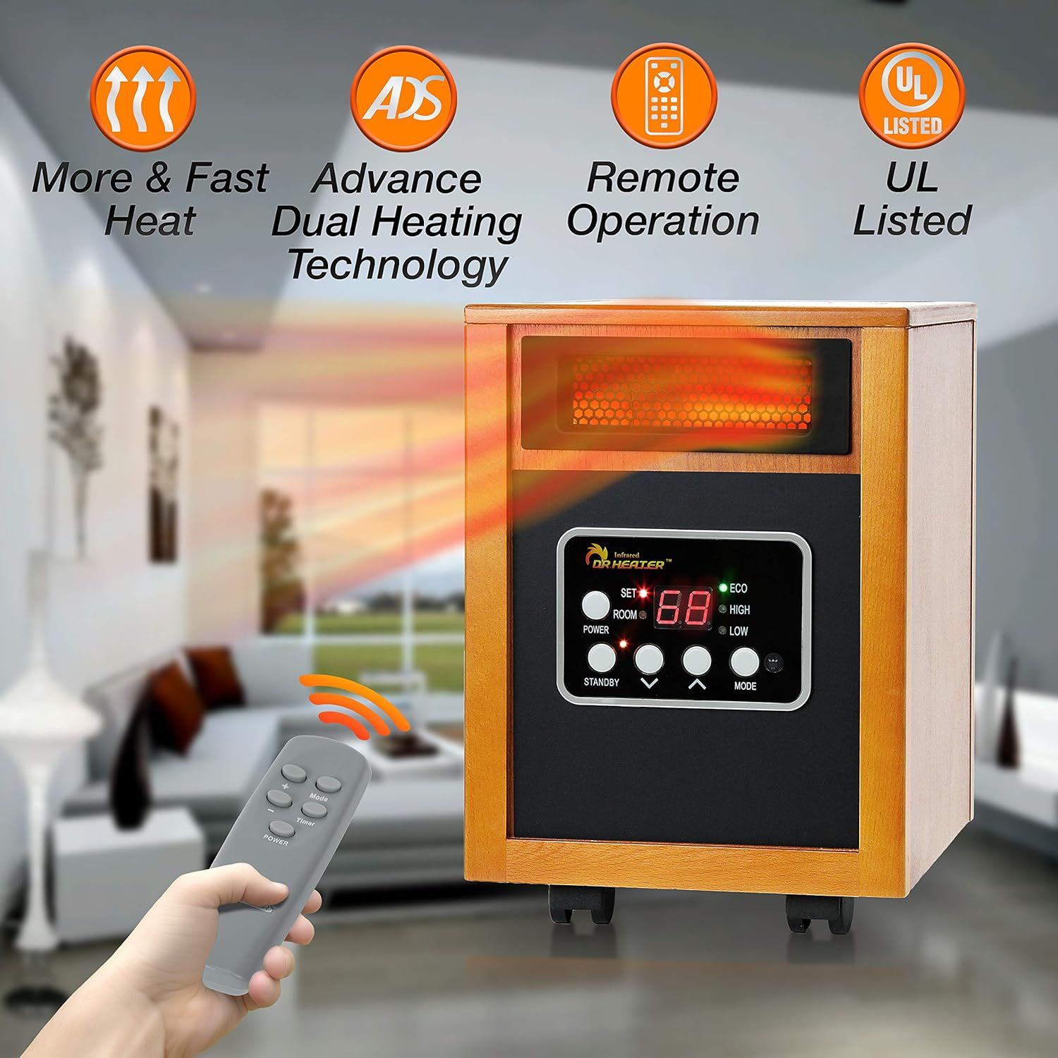 Communicates multiple key selling benefits of the heater in a segmented layout to reassure shoppers about heating performance, advanced technology, convenience, and safety certification.
