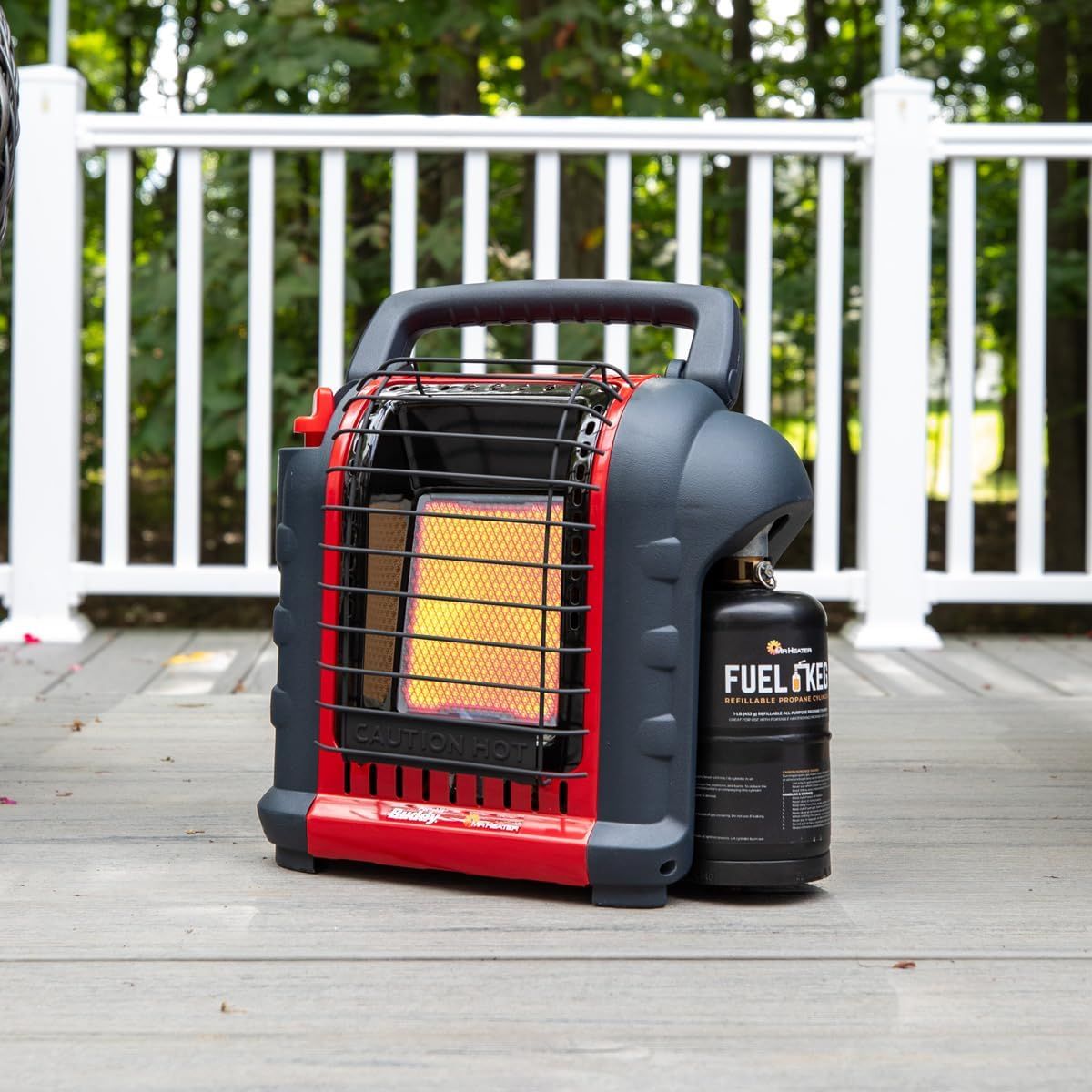 Demonstrates the product in a real-world outdoor setting to show shoppers how it can be used on a deck or patio, emphasizing its portability and practical application for outdoor heating.