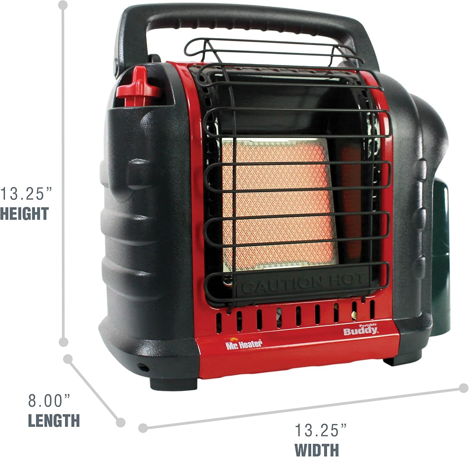 Communicates the exact physical dimensions of the portable heater (13.25" height, 8.00" length, 13.25" width) to help shoppers understand its size and portability for their space.