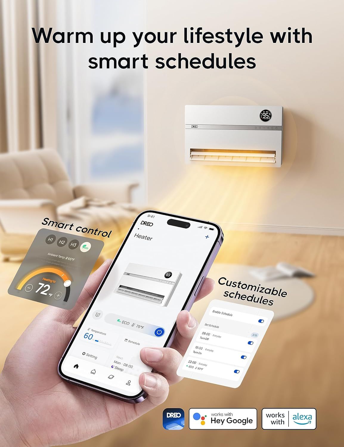Communicates multiple smart features of the heater including customizable scheduling, smartphone app control, and compatibility with Google and Alexa voice assistants to show convenience and modern…