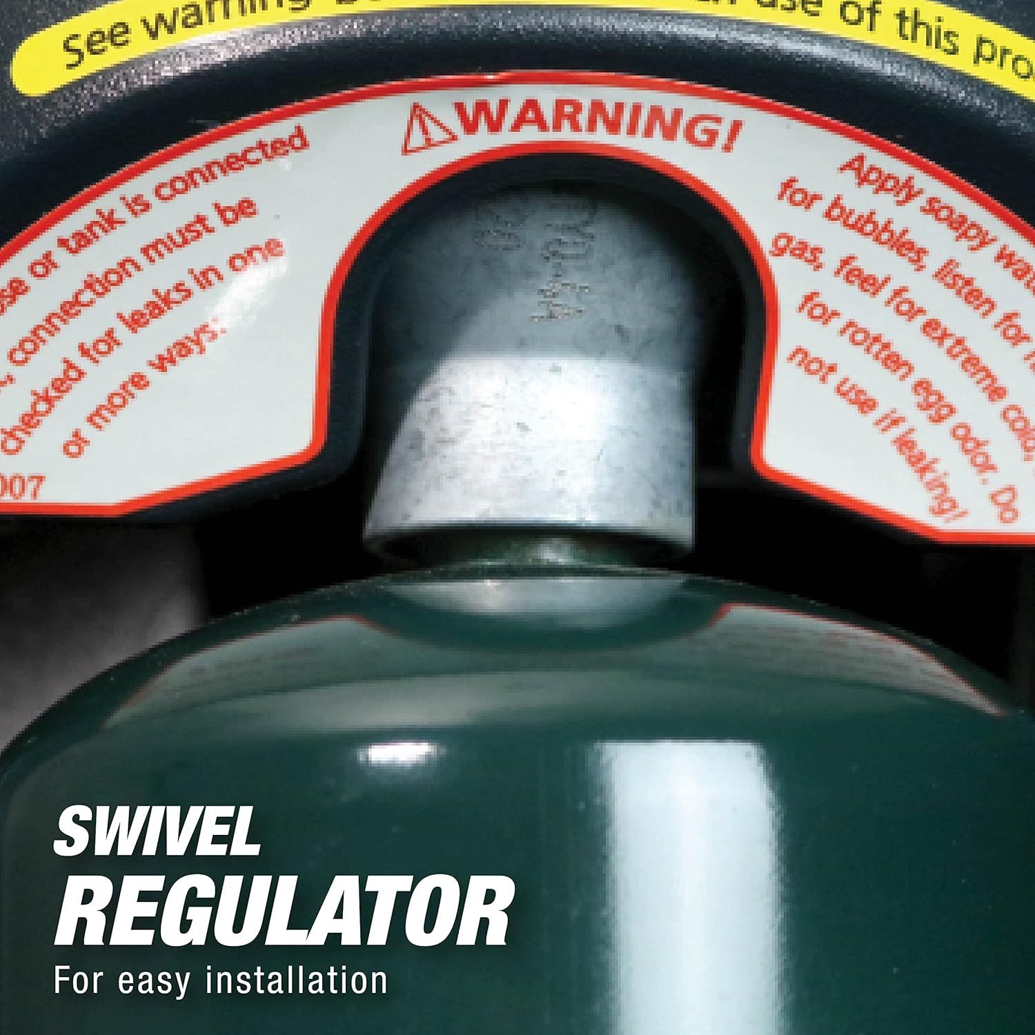 Highlights the swivel regulator component of the product to show shoppers the specific part that enables easy installation and connection. Communicates that the swivel regulator feature makes…