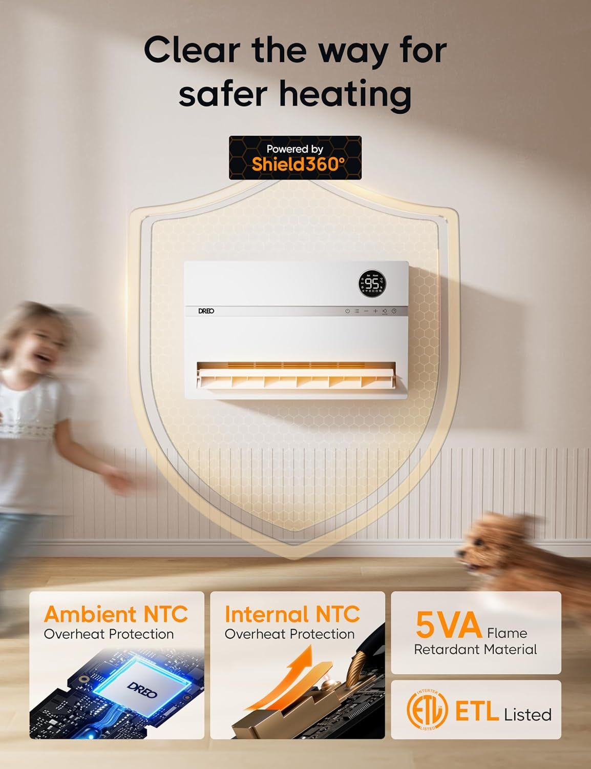 Communicates the comprehensive safety features of the heater, including overheat protection, flame-retardant materials, and ETL certification, to reassure shoppers that this is a safe heating…
