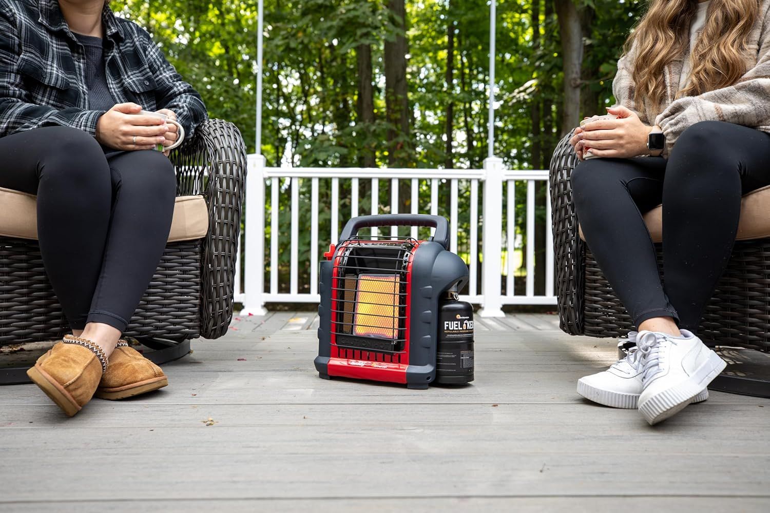 Demonstrates the product in a real-world outdoor setting to show shoppers how the portable heater can be used on a patio or deck for comfort during cooler weather.