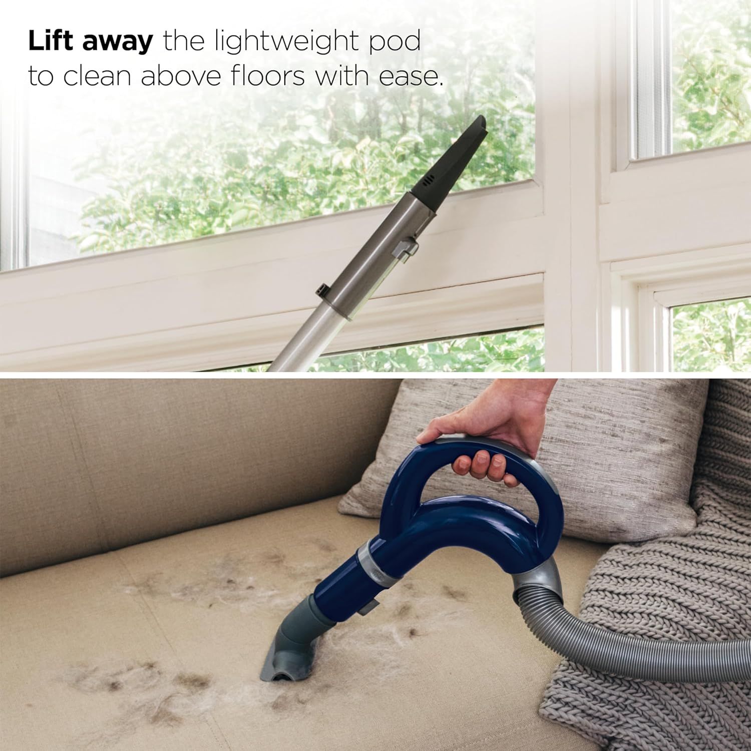 Demonstrates the product's versatility by showing it can clean multiple surfaces and areas, including above-floor spaces like ceilings and furniture like couches. Highlights the lightweight…