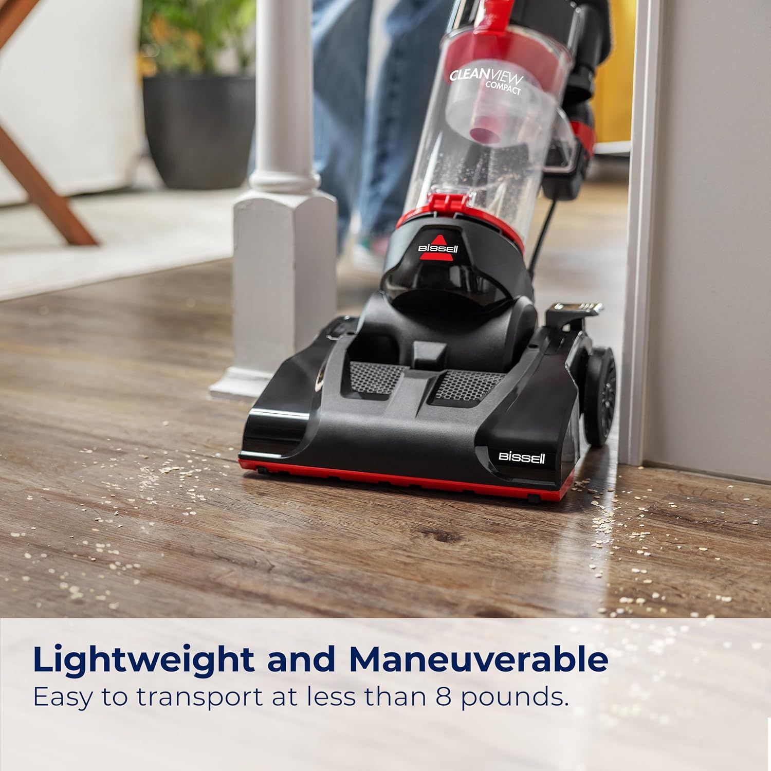 Communicates that the vacuum weighs less than 8 pounds, making it easy to transport and maneuver, reassuring shoppers about ease of use and portability. Highlights the product's lightweight and…